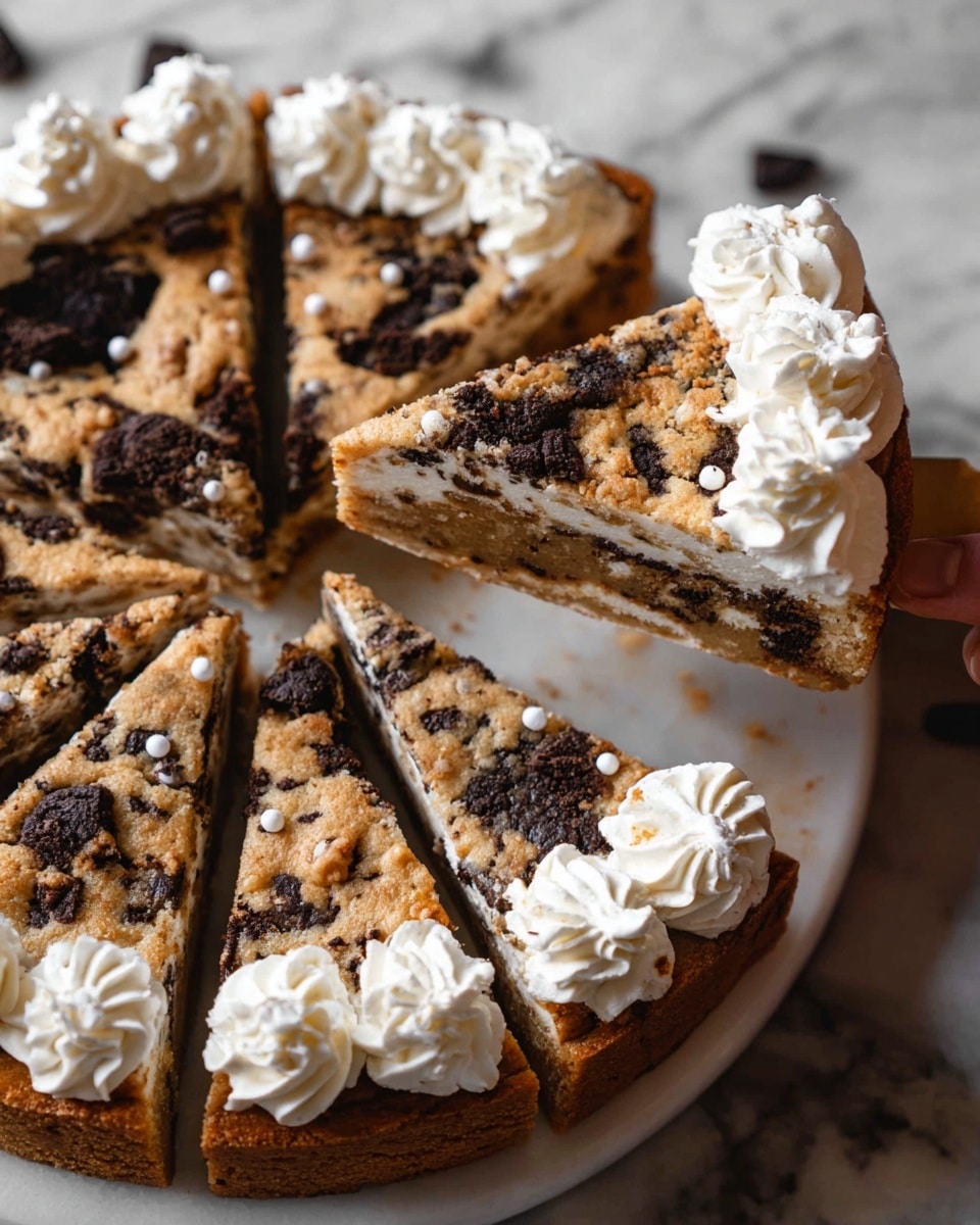 The image shows a cookie cake sliced into several triangular pieces on a white plate with a white marbled surface underneath. The cookie cake has a golden-brown color with uneven dark cookie chunks spread all over the top and inside the slice. Each slice is decorated with small swirls of white cream along the edges, and the slice being held is topped with a dollop of the same white cream. There are small white round sprinkles on some cream swirls, and the cookie texture looks soft and chewy. Photo taken with an iphone --ar 4:5 --v 7