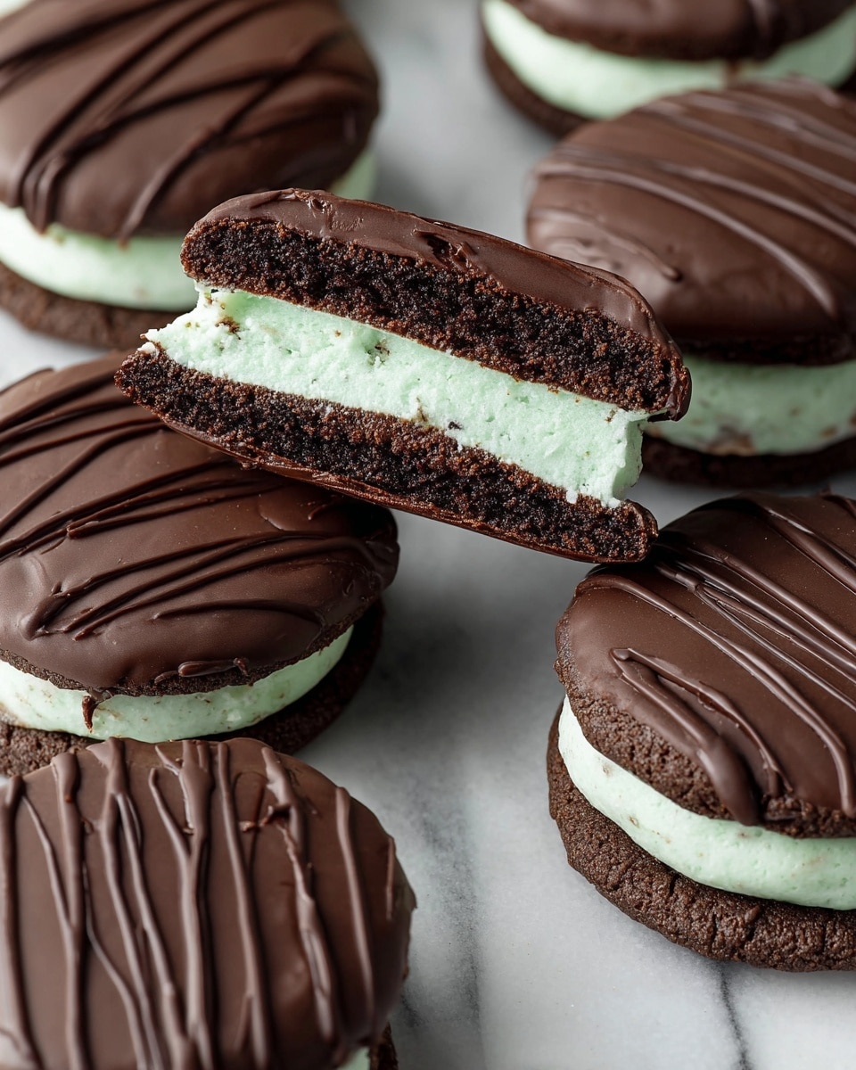 This image shows several chocolate mint sandwich cookies on a white marbled surface. Each cookie has three visible layers: a dark brown, soft chocolate cookie base, a thick middle layer of pale green mint cream, and a top layer of smooth dark chocolate with thin dark chocolate drizzle lines crossing it. One cookie in the center is cut in half, showing the clear, thick pale green cream between the two soft dark chocolate cookie layers with the chocolate topping visible on top. The cookies are spaced evenly, highlighting their round shape and contrasting colors. photo taken with an iphone --ar 4:5 --v 7