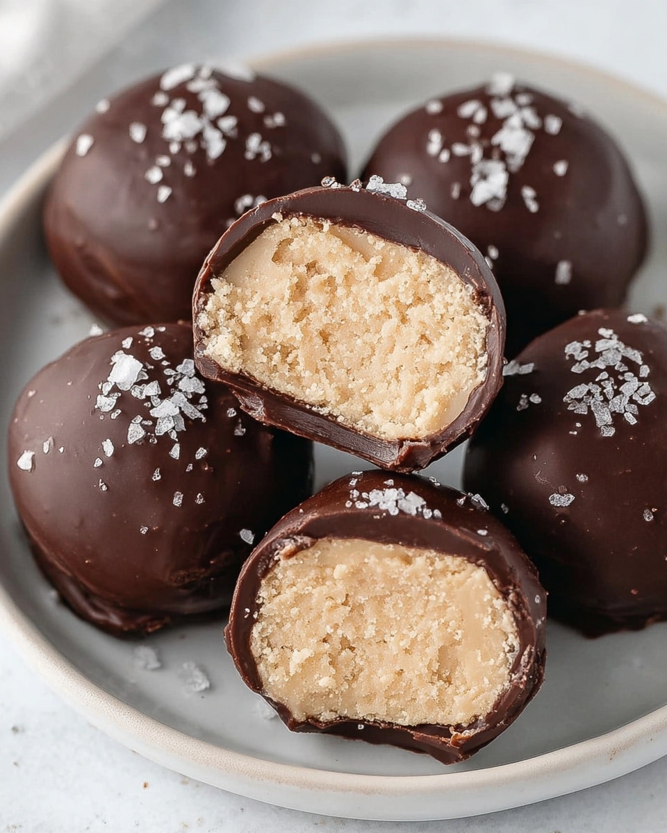 The image shows five round chocolate truffles placed on a white plate with a white marbled background. Each truffle has a smooth and shiny dark chocolate outer layer sprinkled with coarse sea salt flakes on top. Two truffles are cut in half, revealing a dense, creamy beige filling inside with a rough texture. The contrast between the dark, glossy chocolate shell and the light, crumbly interior is clear. The truffles are arranged in a close group, emphasizing their rich texture and salt toppings. Photo taken with an iphone --ar 4:5 --v 7