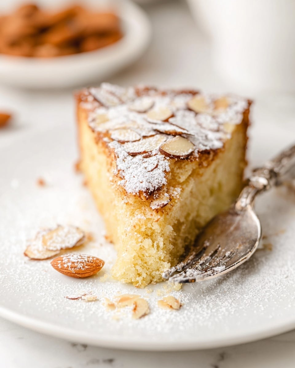 A close-up view of a round almond cake sitting on crinkled parchment paper on a white plate, placed on a white marbled surface, showing one thick layer with a golden-brown crust. The cake top is covered with lightly toasted, unevenly scattered sliced almonds and dusted with powdered sugar, creating a textured and slightly cracked surface. The sides of the cake are a deeper brown, suggesting a crispy edge, while the center looks soft and moist. photo taken with an iphone --ar 4:5 --v 7