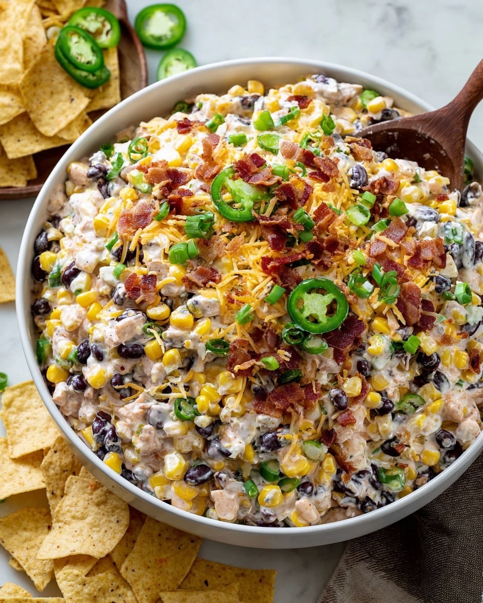 A large white bowl filled with a colorful creamy salad containing layers of yellow corn, black beans, white shredded cheese, crispy bacon bits, and chopped green onions mixed throughout. On top, more green onions and bacon bits are sprinkled for garnish. The salad has a rich, slightly chunky texture with visible individual ingredients. A wooden spoon rests inside the bowl, partially buried in the salad. Around the bowl, there are scattered white tortilla chips, some topped with shredded cheese and sliced green jalapeños. The whole setup is placed on a white marbled surface. Photo taken with an iphone --ar 4:5 --v 7