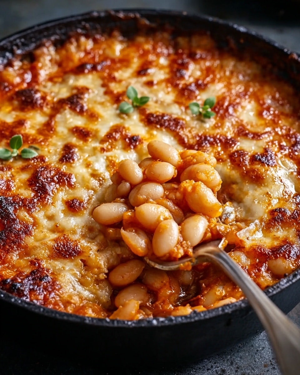 A black cast iron pan filled with baked white beans in a thick reddish-orange sauce, topped with a golden-brown layer of melted and slightly crispy cheese with browned spots, garnished with a few small green herb leaves; a silver spoon is scooping some beans from the right side of the dish, showing the creamy inside layers beneath the cheese. Photo taken with an iphone --ar 4:5 --v 7