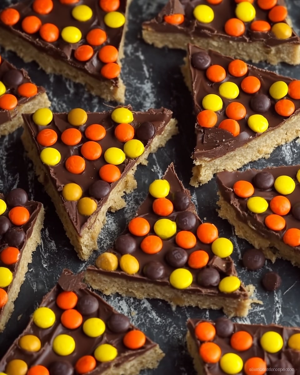 The image shows multiple pieces of a triangular sweet treat scattered on a dark surface with a white marbled texture. Each piece has two visible layers: the bottom layer is a light beige, crumbly base, while the top layer is a smooth, dark chocolate coating. On top of the chocolate layer, there are small round candy pieces in bright orange, yellow, and dark brown, arranged randomly but densely on each piece. The overall look is colorful and textured, with the contrast between the dark chocolate and the vibrant candies standing out. Photo taken with an iphone --ar 4:5 --v 7