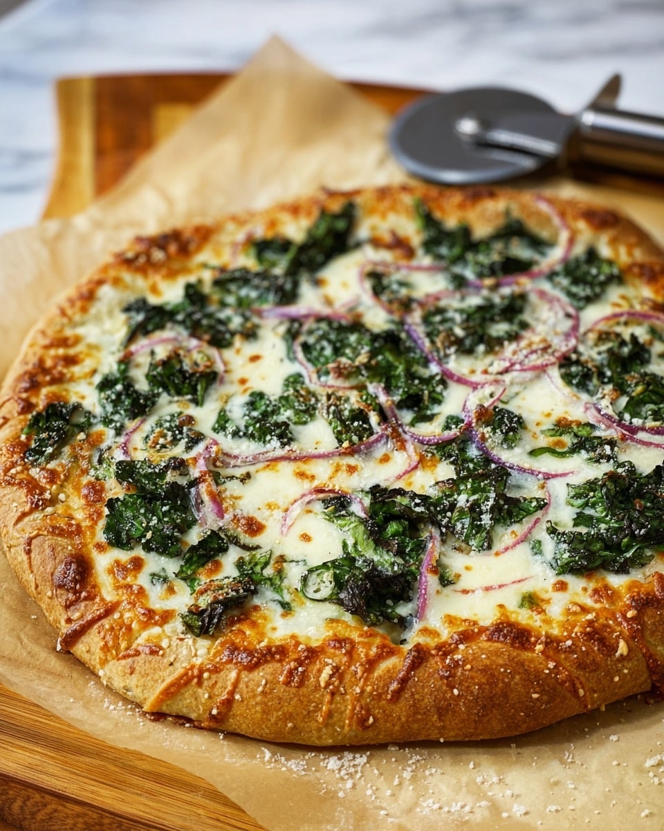 A thick pizza with a golden-browned crust covered in melted white cheese with slightly browned spots. On top, there are dark green leafy vegetables spread evenly and thin purple onion slices scattered across the surface. The crust is puffy with some browned melted cheese on the edges and a sprinkle of finely grated cheese over the crust and pizza. It sits on parchment paper over a wooden board with a metal pizza cutter visible in the background, all on a white marbled texture. Photo taken with an iphone --ar 4:5 --v 7