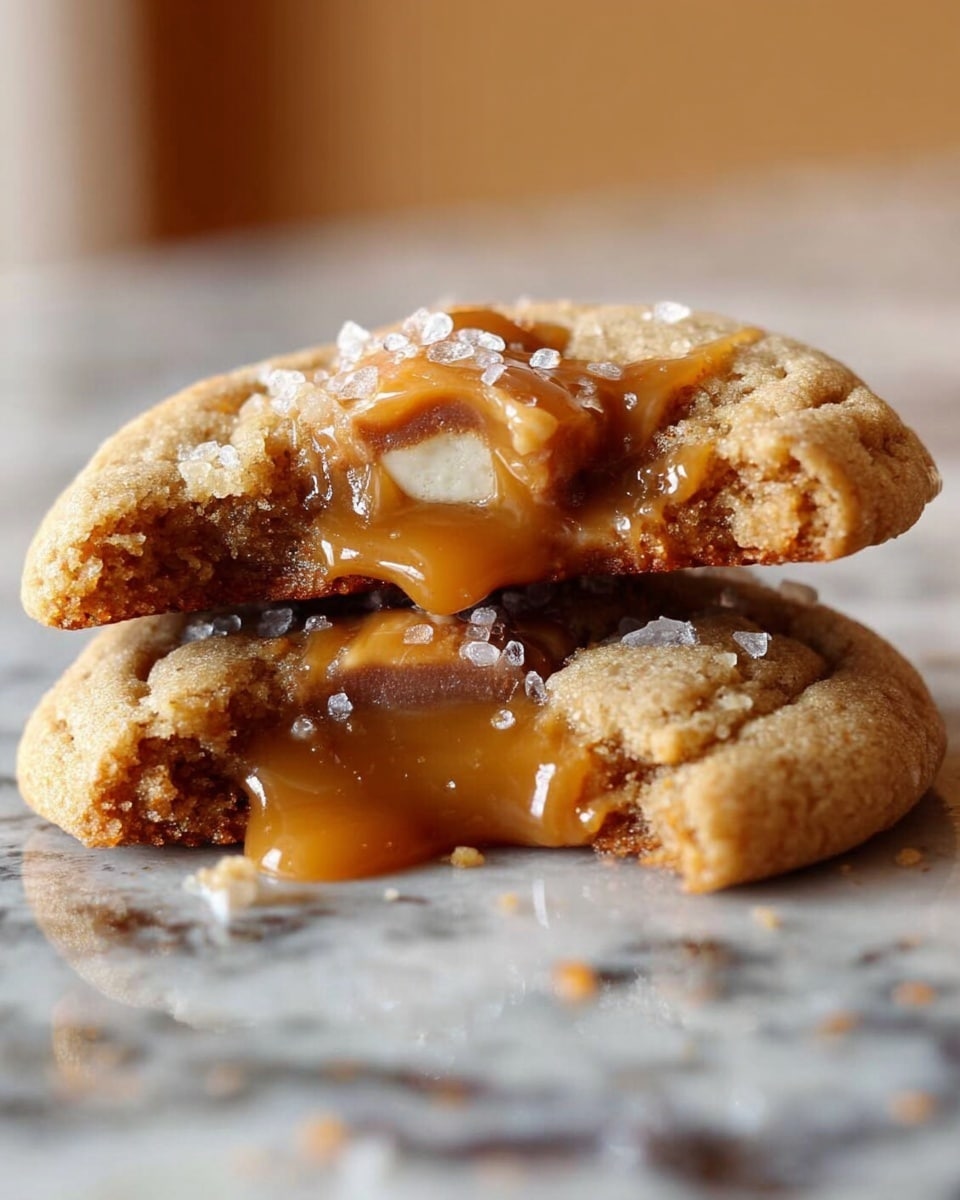 A close-up of a soft cookie broken in half, showing three layers: the bottom layer is a light brown, slightly crumbly cookie base; the middle layer is gooey, golden caramel sauce slowly dripping; the top layer is the cookie dough with visible chunks of caramel or toffee pieces and sugar crystals sprinkled on top. The cookie rests on a white marbled surface with a blurred background. Photo taken with an iphone --ar 4:5 --v 7