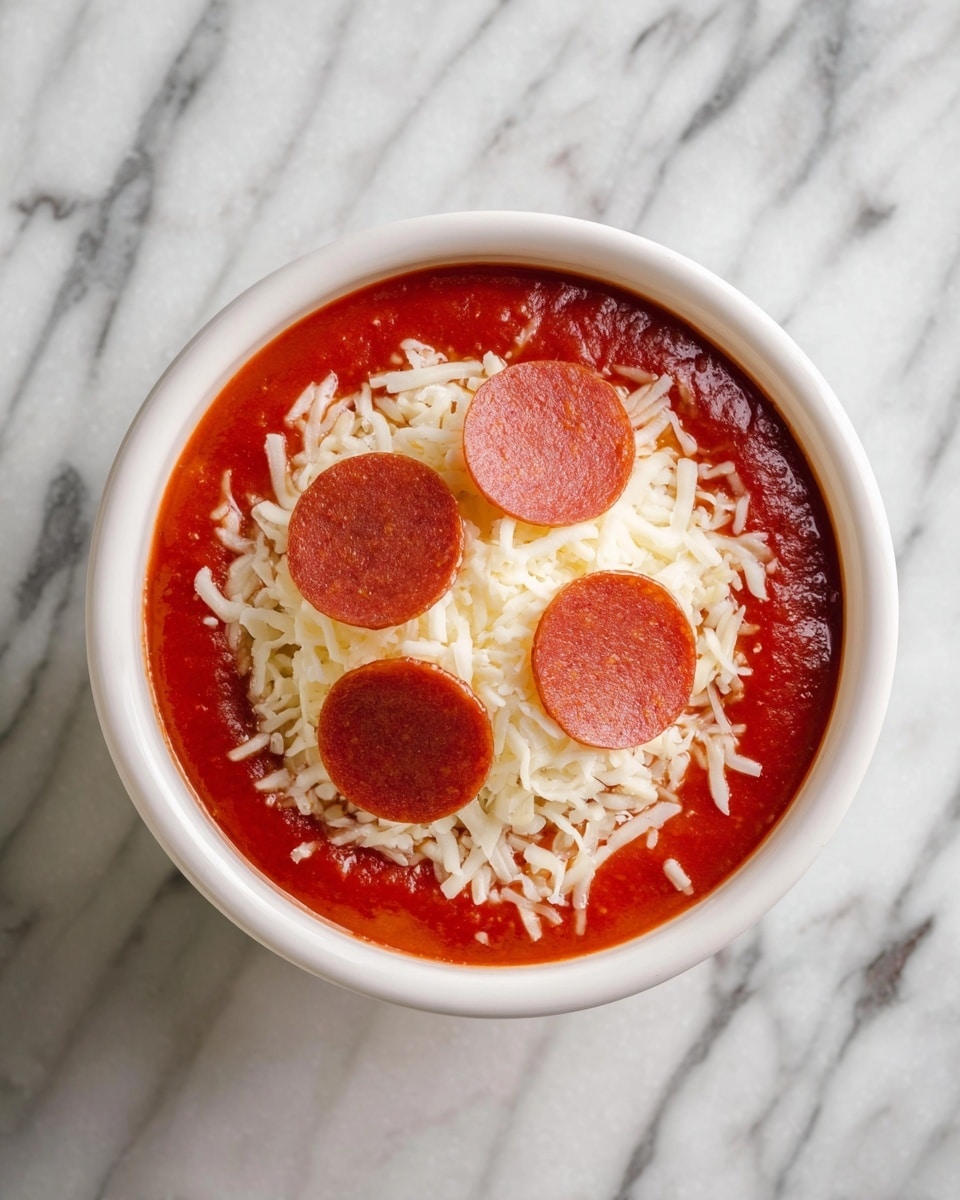 A white bowl holds three layers: the bottom layer is bright red tomato sauce with a smooth texture, the middle layer is shredded white cheese spread evenly on top of the sauce, and the top layer has four round, reddish-brown pepperoni slices arranged in a square pattern near the center. The bowl sits on a surface with a white marbled texture. photo taken with an iphone --ar 4:5 --v 7