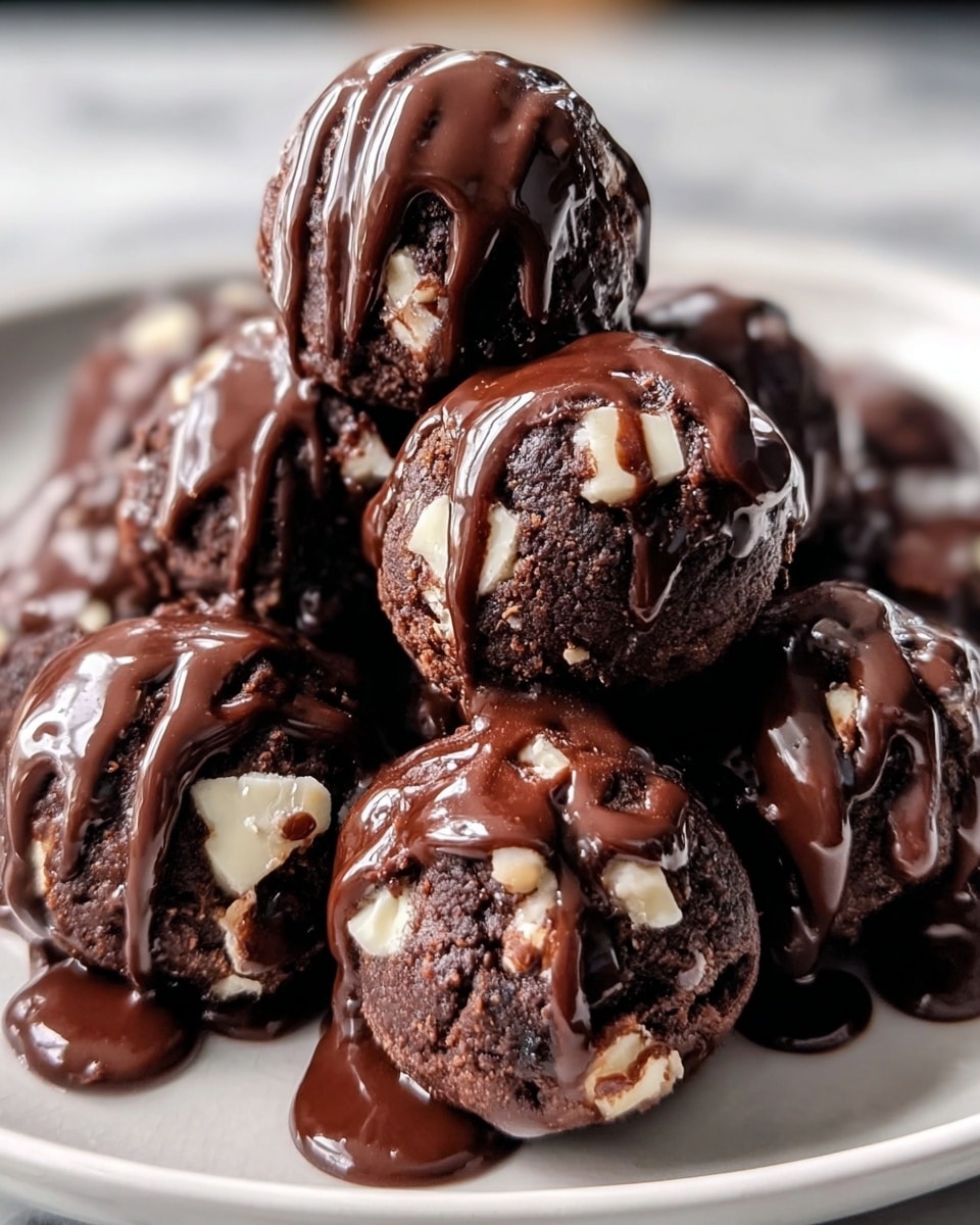 A close-up view of several round chocolate balls arranged in a pile on a white plate, each ball showing a rich dark brown texture with embedded white pieces inside that look soft or creamy. The balls are generously topped with thick, glossy chocolate sauce that drips down the sides, creating a shiny and smooth layer over the rough surface of the chocolate balls. The plate sits on a white marbled surface, and the image captures the contrast between the dark chocolate and bright white pieces clearly, highlighting the moist and dense look of the dessert. photo taken with an iphone --ar 4:5 --v 7
