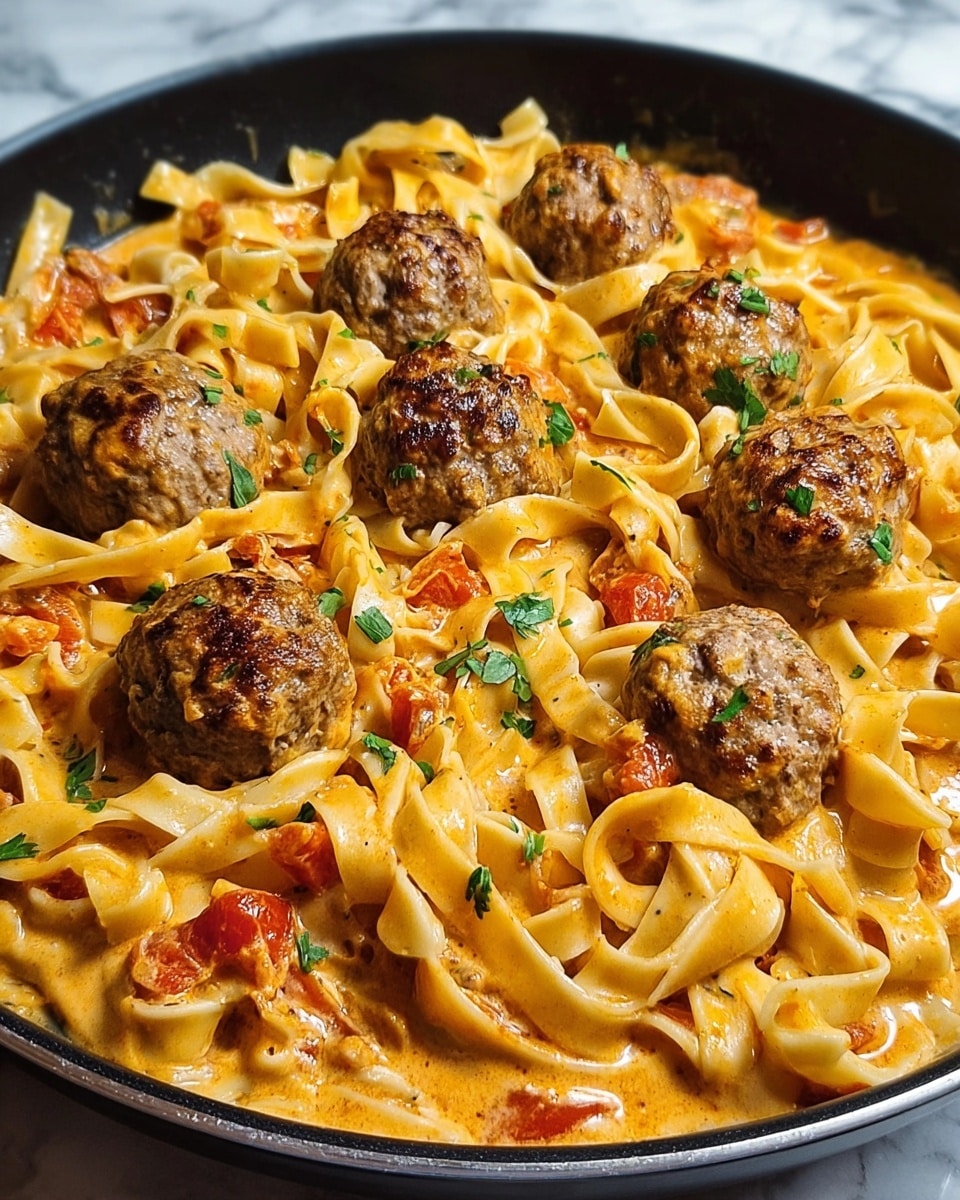 The image shows a pan filled with creamy pasta and meatballs. The pasta is thick and flat, coated in a rich orange-colored sauce with bits of red tomato visible, giving it a smooth, slightly glossy texture. Scattered on top are several well-cooked brown meatballs, each having a slightly rough surface. Small pieces of green herbs are sprinkled over the pasta and meatballs, adding color contrast. The pan itself is black, and the background is changed to a white marbled texture. photo taken with an iphone --ar 4:5 --v 7