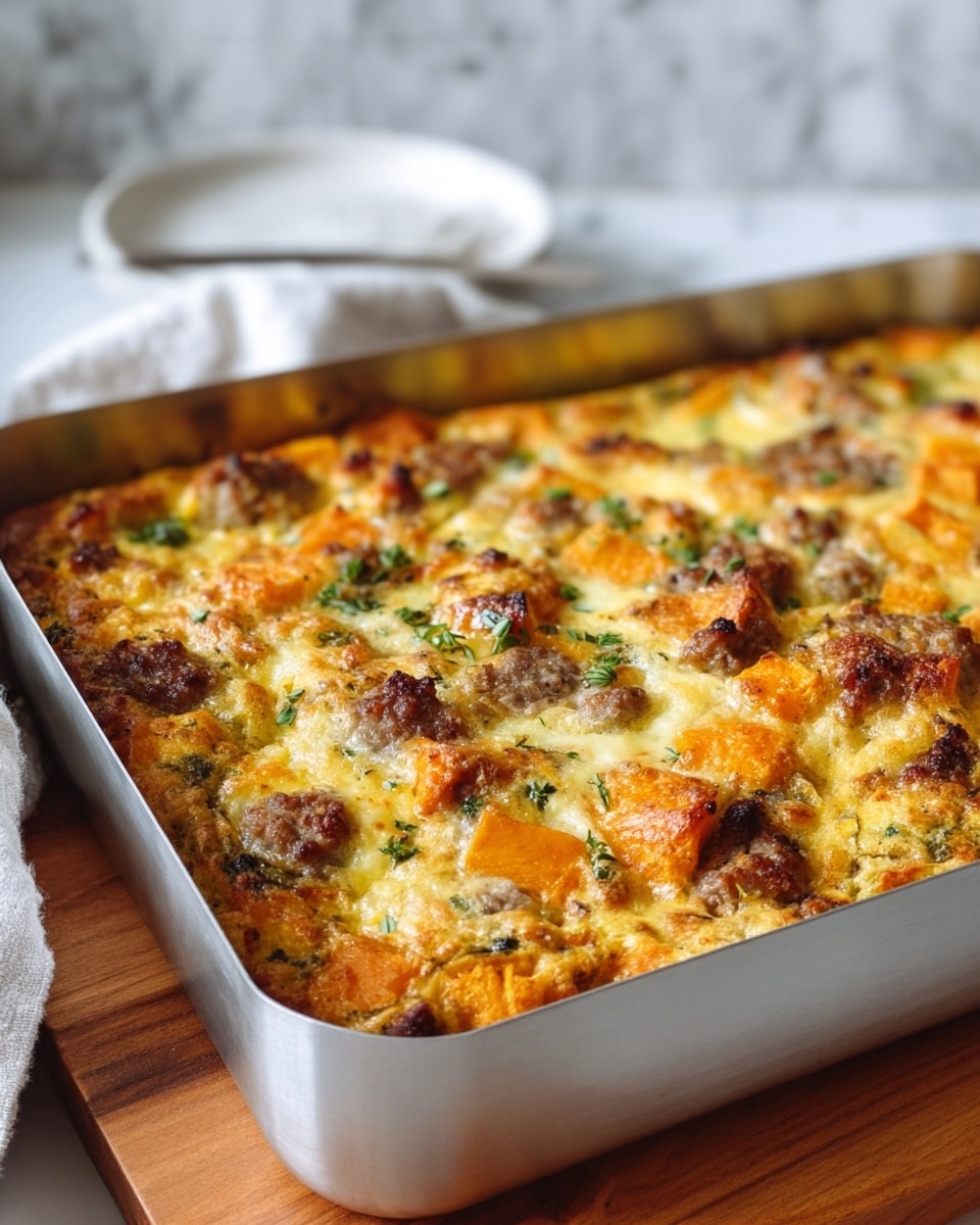 A browned baked casserole in a silver rectangular pan filled with a layered savory dish showing orange cubes of butternut squash, browned sausage pieces, and green vegetable chunks mixed within a creamy golden egg base, topped with melted cheese and small sprinkled herbs. The surface has a bubbly and slightly crispy texture, placed on a wooden board with a blurred white marbled kitchen background. Photo taken with an iphone --ar 4:5 --v 7