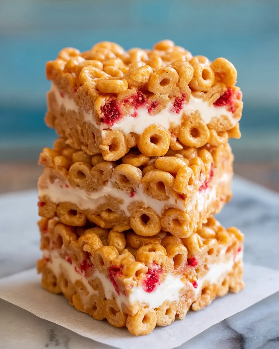 The image shows a stack of three square cereal bars. Each bar has a top and bottom layer made of golden-brown circular cereal pieces tightly packed together, with small bright red bits scattered throughout the top layer. Between the cereal layers, there is a thick middle layer of smooth, creamy white filling that looks soft and slightly thick, acting as a binder. The bars sit on a piece of white parchment on a white marbled surface, and the background is blurred with soft blue shades. Photo taken with an iphone --ar 4:5 --v 7