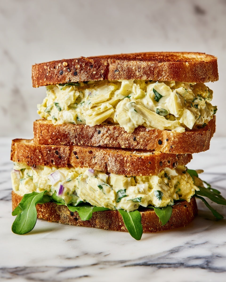 A thick sandwich is shown with two toasted slices of bread, both golden brown with a speckled crust and slightly rough texture. Between the slices is a dense, creamy filling made of pale yellow artichoke pieces mixed with white sauce and finely chopped green herbs and small bits of purple onion. A few green leafy herbs peek out from the bottom layer, adding freshness and color contrast. The sandwich is resting on a white marbled surface. photo taken with an iphone --ar 4:5 --v 7