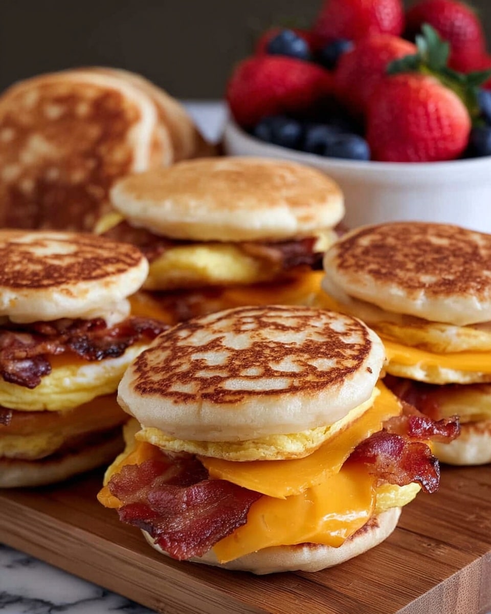 The image shows several breakfast sandwiches placed on a wooden surface with a white marbled texture. Each sandwich has three layers: the top and bottom layers are golden-brown toasted small pancake-like buns. The middle layers include a folded light yellow egg, crispy reddish-brown bacon strips with curly edges, and a slice of melted bright orange cheddar cheese. The sandwiches are arranged close together, with a white bowl in the background filled with fresh, vibrant red strawberries and dark blue blueberries. Photo taken with an iphone --ar 4:5 --v 7