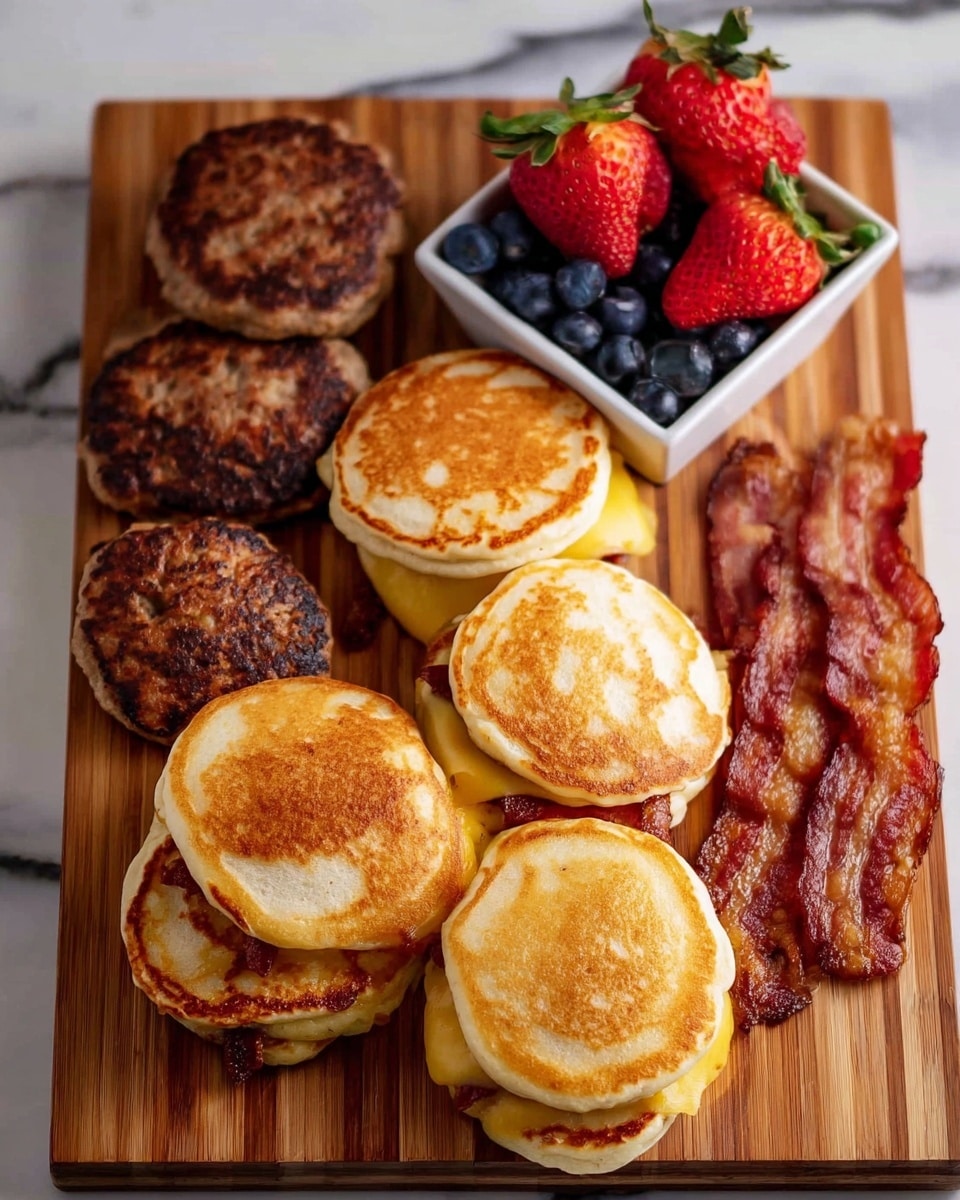The image shows a wooden board topped with a breakfast spread on a white marbled surface. There are six light brown, round pancakes with a fluffy texture, some stacked and some making up three sandwich layers with crispy golden bacon and melted yellow cheese inside. To the left, there are three browned sausage patties with a slightly charred texture. At the top center, inside a small white square bowl, are bright red strawberries with green stems and dark blue blueberries mixed together. To the right of the bowl, four strips of cooked bacon with a shiny, reddish-brown color are placed. The overall look is warm, rich, and colorful, with various textures from soft pancakes to crispy bacon. photo taken with an iphone --ar 4:5 --v 7