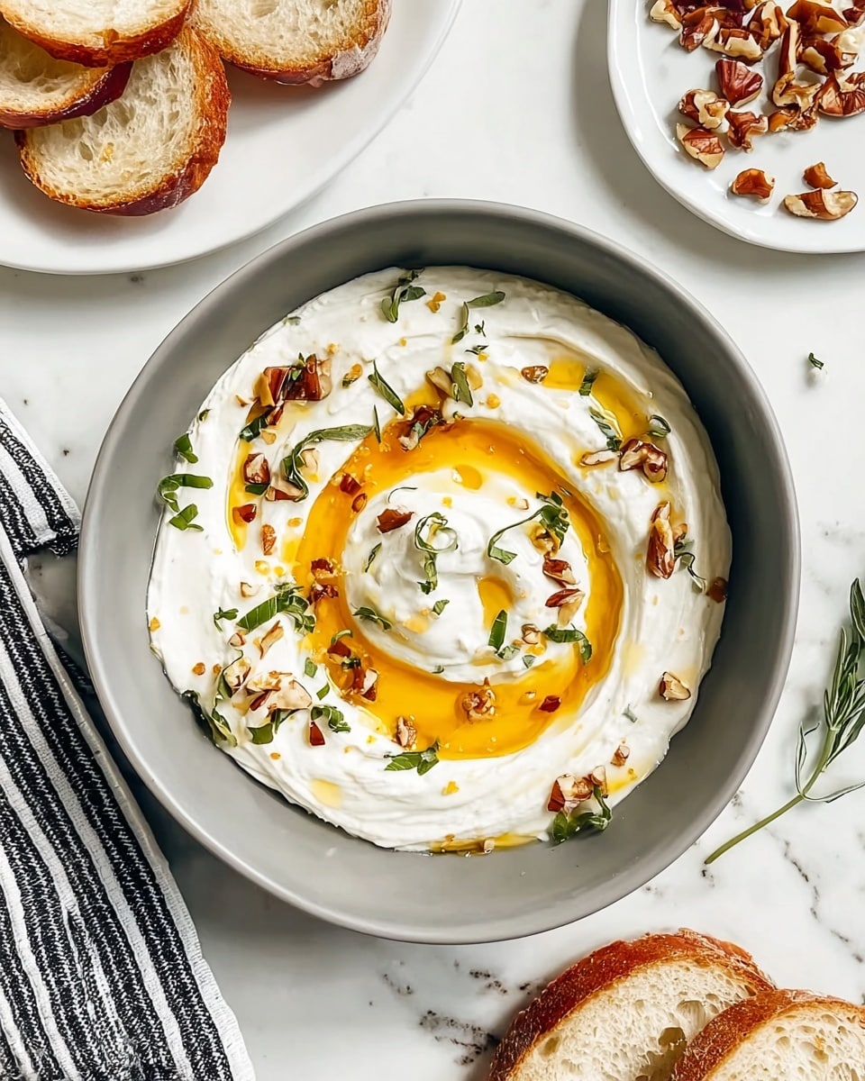 A white bowl contains a creamy white spread that is smooth with soft peaks. On top of the spread, there is a drizzle of golden honey pooling in the center, surrounded by small clusters of chopped brown walnuts and small green rosemary sprigs scattered evenly. The bowl sits on a white marbled surface, with slices of light brown crusty bread blurred in the background. A white cloth with dark stripes is placed underneath part of the bowl, with a small rosemary sprig resting on it. The lighting is natural and bright, adding a fresh and inviting feel to the dish. photo taken with an iphone --ar 4:5 --v 7
