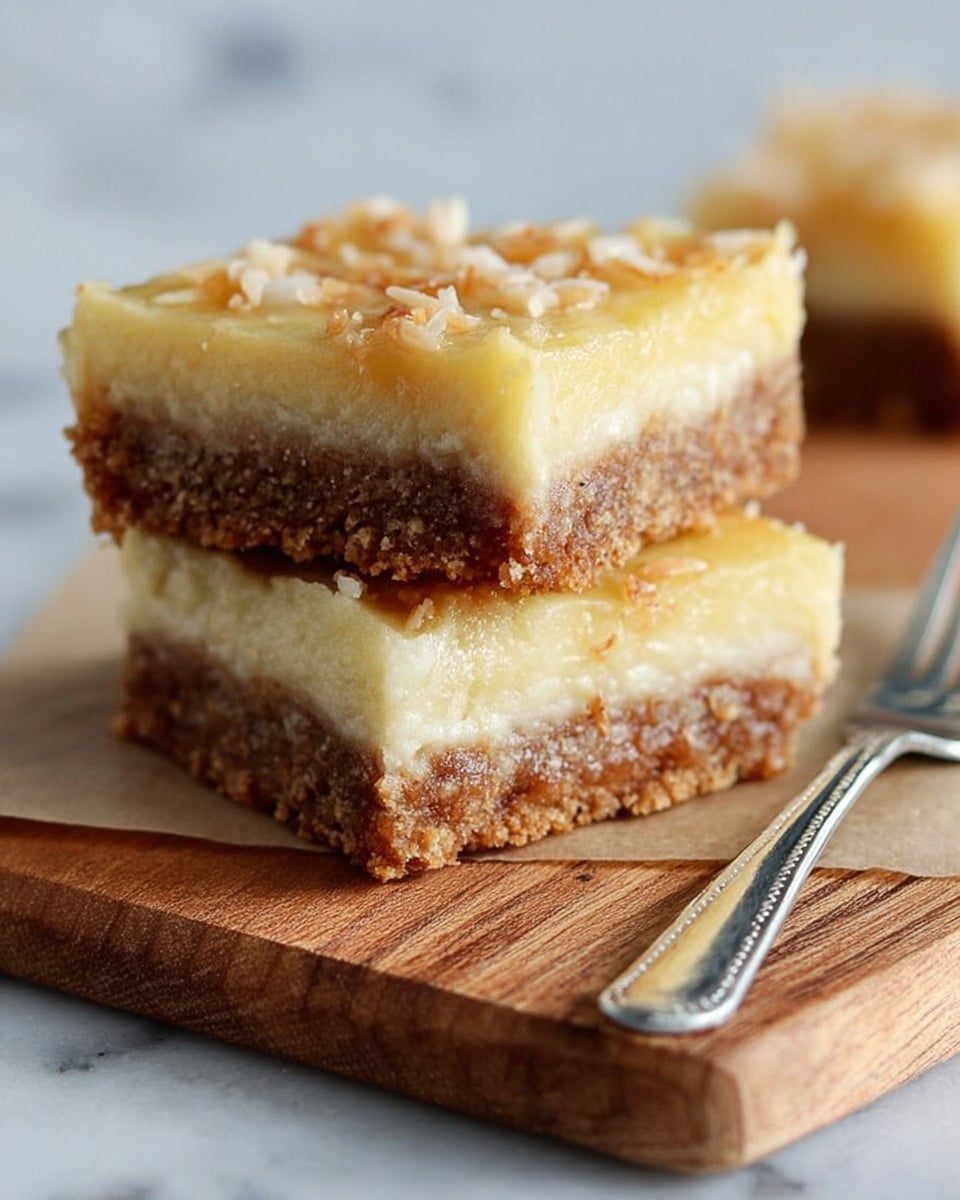 The image shows a close-up of two square, two-layer dessert bars stacked on top of each other on a small wooden board placed on a white marbled surface. The bottom layer is dense and brown, with a crumbly, slightly rough texture resembling a graham cracker crust. The top layer is pale yellow, creamy, and smooth with small bits that look like shredded coconut or nuts scattered within. The top edges are uneven, highlighting the soft, moist texture of the topping. A shiny silver fork lies on the right side of the wooden board. Photo taken with an iphone --ar 4:5 --v 7