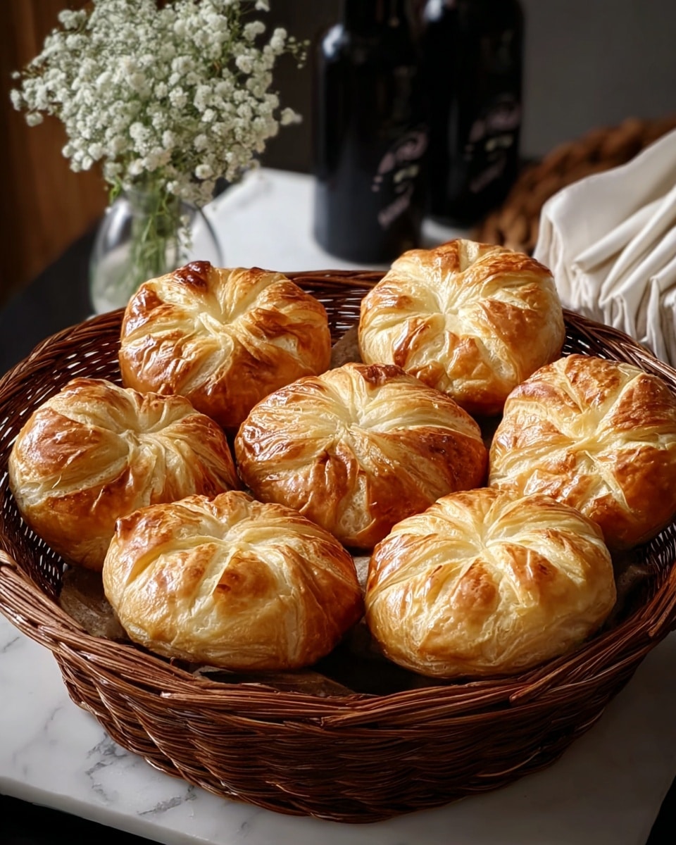 A round brown wicker basket filled with seven golden brown pastries, each with a shiny, slightly crispy top that shows folded layers of flaky dough, arranged in a circle with one in the center. The pastries are puffed up with a textured surface, featuring a crisscross pattern on top made from dough strips. The basket is placed on a white marbled surface with a few white flowers in a small glass vase next to it, and dark bottles and cream-colored folded napkins blurred softly in the background. photo taken with an iphone --ar 4:5 --v 7