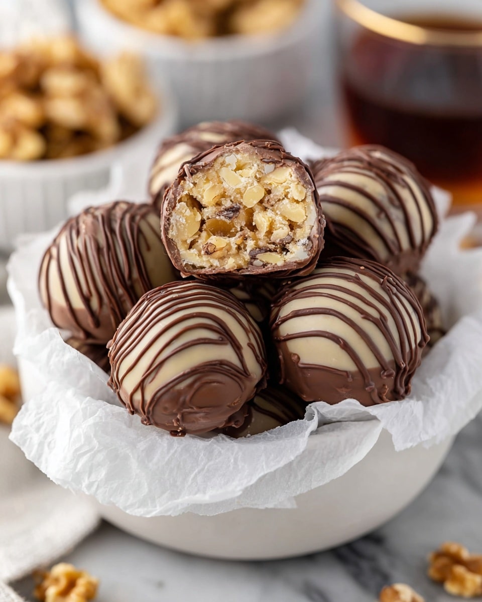 A white bowl lined with white parchment paper holds several round chocolate-covered truffles with a smooth milk chocolate coating and darker chocolate drizzle on top, giving a striped texture. One truffle is cut in half and placed on top, showing a dense, creamy interior filled with chopped light brown nuts and a mixture of crunchy bits inside. In the blurred background, there is another white bowl with golden walnut pieces and a glass with a dark liquid on a white marbled surface. photo taken with an iphone --ar 4:5 --v 7