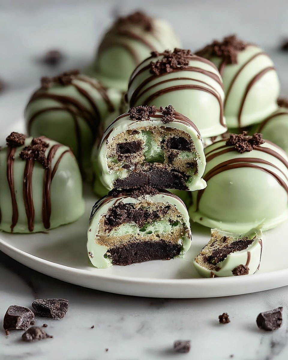 The image shows round treats covered in pale green chocolate with thin drizzle lines on top, sprinkled with dark brown crumbles. Each treat has a bite taken out, revealing multiple inside layers: a dark chocolate layer, a middle layer with visible small light green bits mixed in, and a crisp cookie layer at the bottom. The treats are arranged on a white plate, with some whole and some broken pieces scattered on a white marbled surface. Photo taken with an iphone --ar 4:5 --v 7