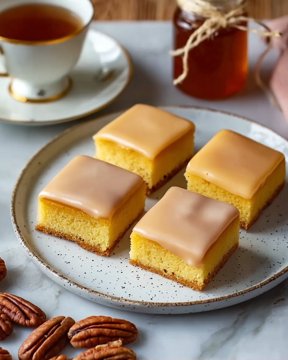 Four square-shaped yellow cakes with a smooth light tan glaze on top sit on a round white plate with small black speckles and a thin gray rim. Each cake has two layers: a moist-looking yellow bottom layer and a glossy glaze layer on top. The cakes are arranged closely in the center of the plate on a white marbled surface. Around the plate are some brown pecan nuts, a jar of dark amber syrup tied with a string, and part of a white teacup with a gold rim. photo taken with an iphone --ar 4:5 --v 7