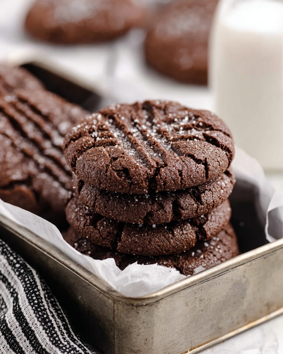 A close-up of three dark brown chocolate cookies stacked inside a metal rectangular tray lined with white parchment paper. Each cookie has sugar crystals glittering on top and a crisscross fork pattern pressed into the surface, showing fine cracks and rough texture. The background shows blurred more cookies on a white marbled surface and a part of a white glass jar on the right. A black and white striped cloth is partially visible at the front left corner of the tray. Photo taken with an iphone --ar 4:5 --v 7