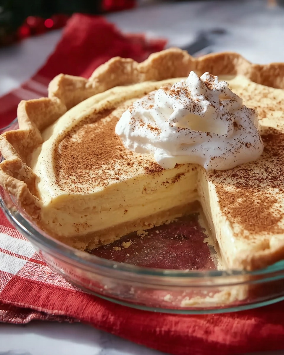 A slice of creamy light yellow pie with a slightly shiny smooth texture sits on a white scalloped plate. The pie has a flaky light golden crust with a crimped edge, holding the thick filling. On top of the slice, there is a swirl of white whipped cream sprinkled with a light dusting of brown cinnamon powder. More cinnamon powder is scattered around the plate's rim. The plate rests on a red and white checkered cloth, against a backdrop of warm, soft holiday lights and green pine branches. Photo taken with an iphone --ar 4:5 --v 7