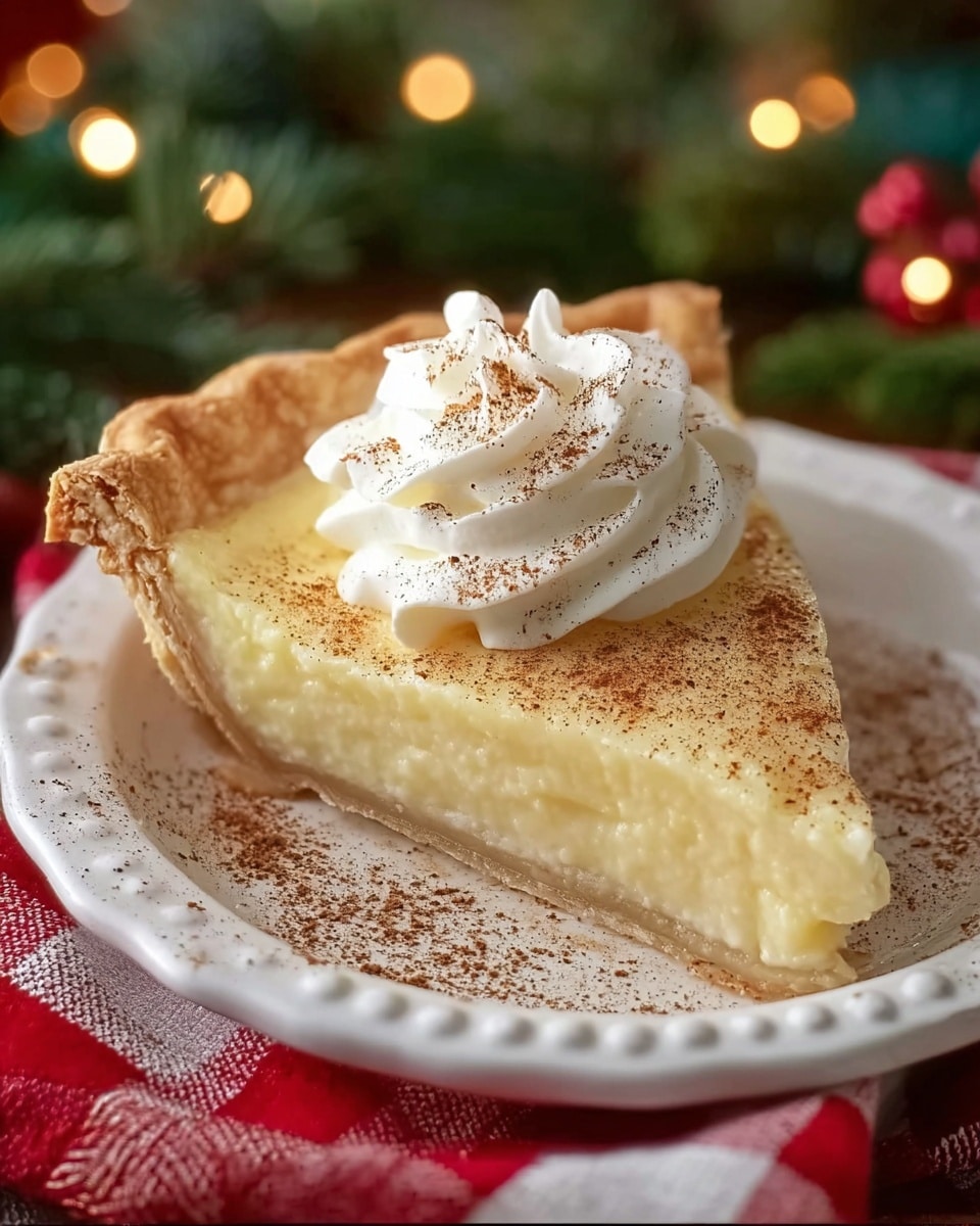 A pie with three layers, set in a clear glass pie dish on a white marbled surface covered by a red and white cloth. The bottom layer is a thin, pale golden crust, followed by a thick, creamy pale yellow filling that is smooth in texture. The top layer is a golden brown surface sprinkled lightly with cinnamon powder. A slice is cut out, showing the layers clearly. On top of the pie, near the cut, there is a dollop of white whipped cream dusted with cinnamon. The edges of the pie crust are fluted and golden brown. Photo taken with an iphone --ar 4:5 --v 7