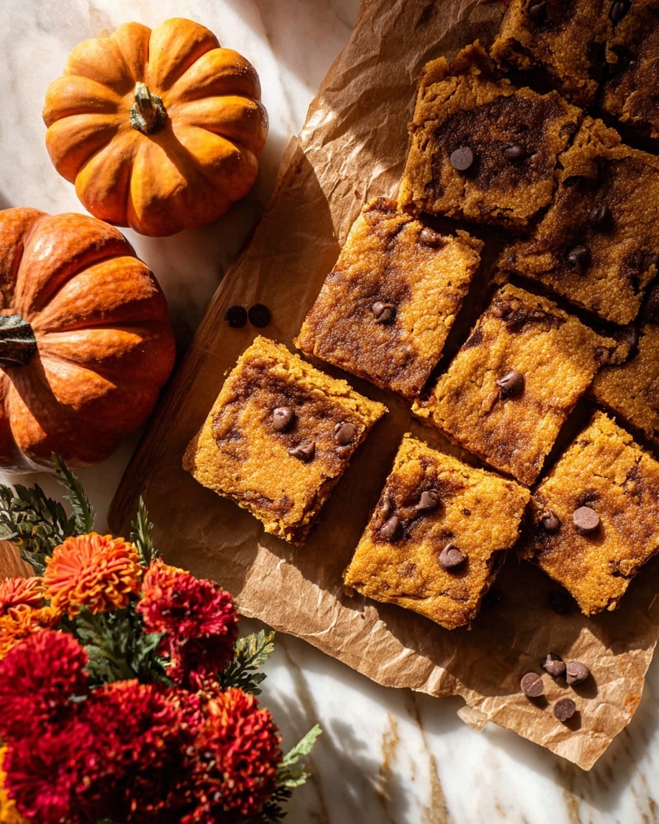 The image shows a batch of pumpkin bars cut into squares and placed on a sheet of brown parchment paper. Each bar has a golden-brown top with a slightly crispy texture and some dark swirls of cinnamon or spice. A few chocolate chips are scattered on the surface of some bars, melting slightly. The bars appear soft and moist inside. To the left of the bars are two small pumpkins, one orange and one darker brown, and a cluster of red flowers with green leaves. The whole scene is set on a white marbled surface with warm sunlight casting soft shadows. Photo taken with an iphone --ar 4:5 --v 7