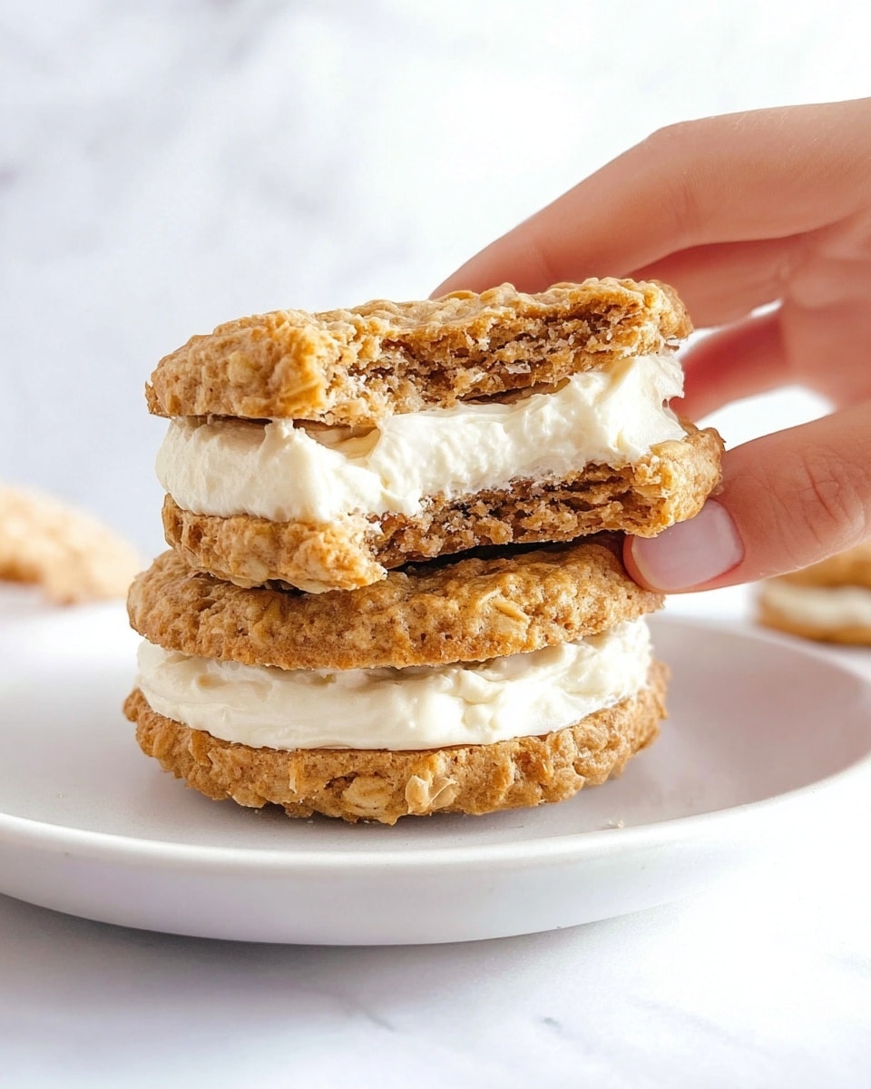 A white plate holds two oatmeal cream sandwich cookies stacked, each cookie showing a golden brown, coarse oatmeal texture with visible oats. The bottom sandwich features a thick, smooth white cream filling between two soft oatmeal cookie layers. Above it, a woman’s hand holds half of the second sandwich cookie, revealing its porous interior texture and a thinner white cream filling. The background is clean, with a soft white marbled texture. photo taken with an iphone --ar 4:5 --v 7