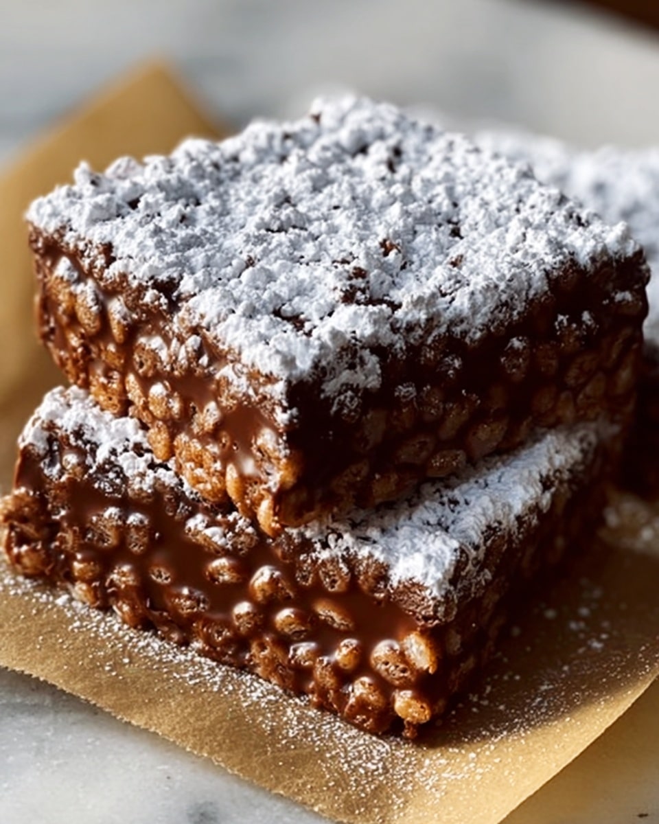 The image shows two square-shaped treats made of crispy rice cereal mixed with a thick layer of melted milk chocolate, giving them a shiny, smooth texture. The top of each treat is dusted with a generous layer of powdered sugar, creating a white powdery contrast against the rich brown chocolate. The squares are placed closely on a white marbled surface, lined with a light tan parchment paper underneath. Photo taken with an iphone --ar 4:5 --v 7