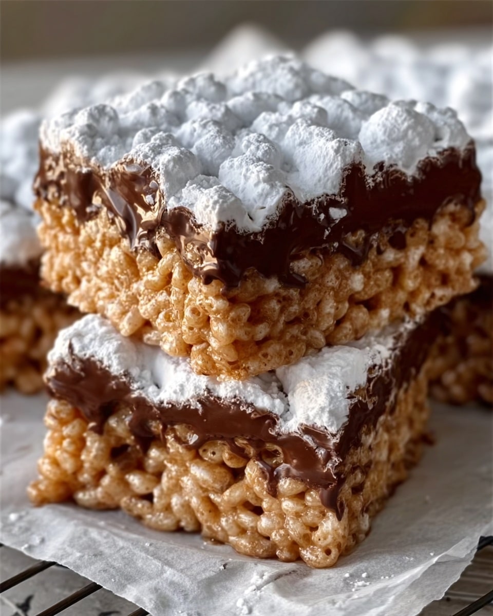 The image shows close-up of three square rice cereal treats stacked together on a piece of parchment paper over a grill rack, each treat made of light brown crispy rice coated in smooth milk chocolate, topped with a thick layer of white powdered sugar that looks soft and fluffy. The treats have a shiny, sticky texture with the chocolate melting slightly between the cereal layers. The background is a white marbled surface. photo taken with an iphone --ar 4:5 --v 7