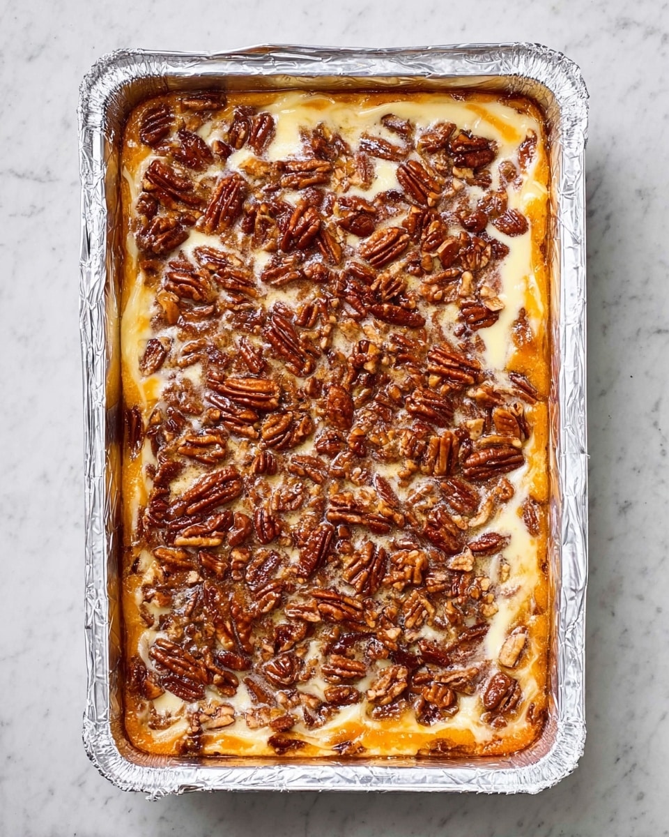 A rectangular baking tray lined with shiny silver foil is filled with a baked dish that features a golden-brown crust visible at the edges. On top, there is a thick layer of melted cream-colored custard or cream that spreads unevenly, mingling with glossy, caramelized pecan halves and pieces scattered all over. The pecans are a rich brown with a slightly shiny, sticky texture, covering the entire surface. The dish contrasts the smooth creamy top layer with the crunchy nuts, all set on a white marbled surface. Photo taken with an iphone --ar 4:5 --v 7
