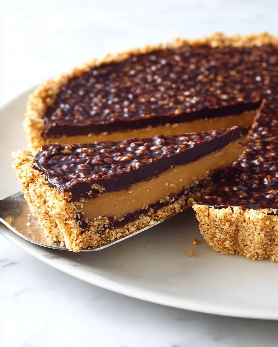 The image shows a close-up of a round dessert with two clear layers on a white marbled surface. The bottom layer is a thick, crumbly, golden-brown crust that forms the base and sides of the dessert, with a textured edge that looks like crushed biscuits. The top layer is dark brown, glossy, and slightly bumpy, made of a mixture that looks like chocolate and puffed rice or nuts, filling up the surface evenly. The dessert is shown without any garnish or decoration, focusing on the simple but rich contrast between the golden crust and the dark topping. Photo taken with an iphone --ar 4:5 --v 7