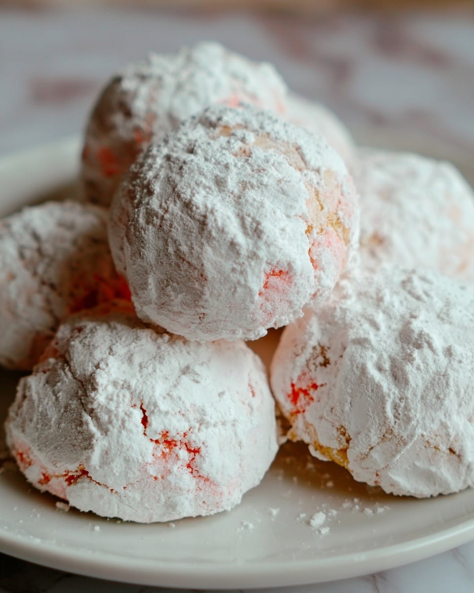 The image shows a close-up of several round cookies piled on a white plate. Each cookie is covered in a thick layer of white powdered sugar, which creates a rough, powdery texture on the surface. Beneath the powdered sugar, glimpses of a soft pink and light orange dough can be seen. The cookies look soft and slightly cracked, showing their handmade quality. The background has a white marbled texture and is softly blurred to keep the focus on the cookies. photo taken with an iphone --ar 4:5 --v 7