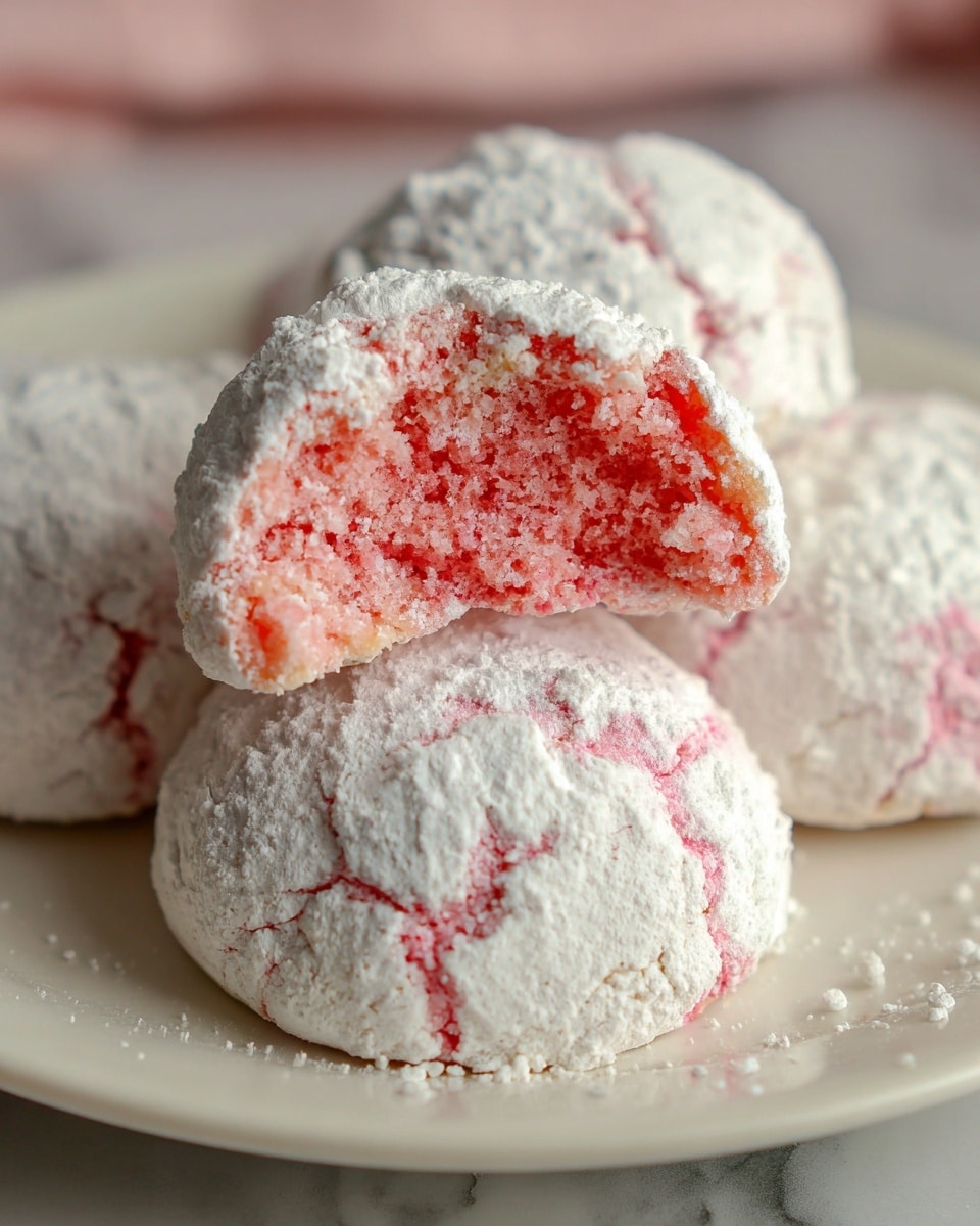 The image shows a close-up of round cookies coated in white powdered sugar with visible cracks on the surface that reveal a soft pink inside. One cookie is cut in half and placed on top of another whole cookie, showing a thick, crumbly pink layer inside with a rough texture. The cookies sit on a white plate with a white marbled texture surface in the background. The powdered sugar covers the outside unevenly, creating a powdery, slightly rough texture. photo taken with an iphone --ar 4:5 --v 7