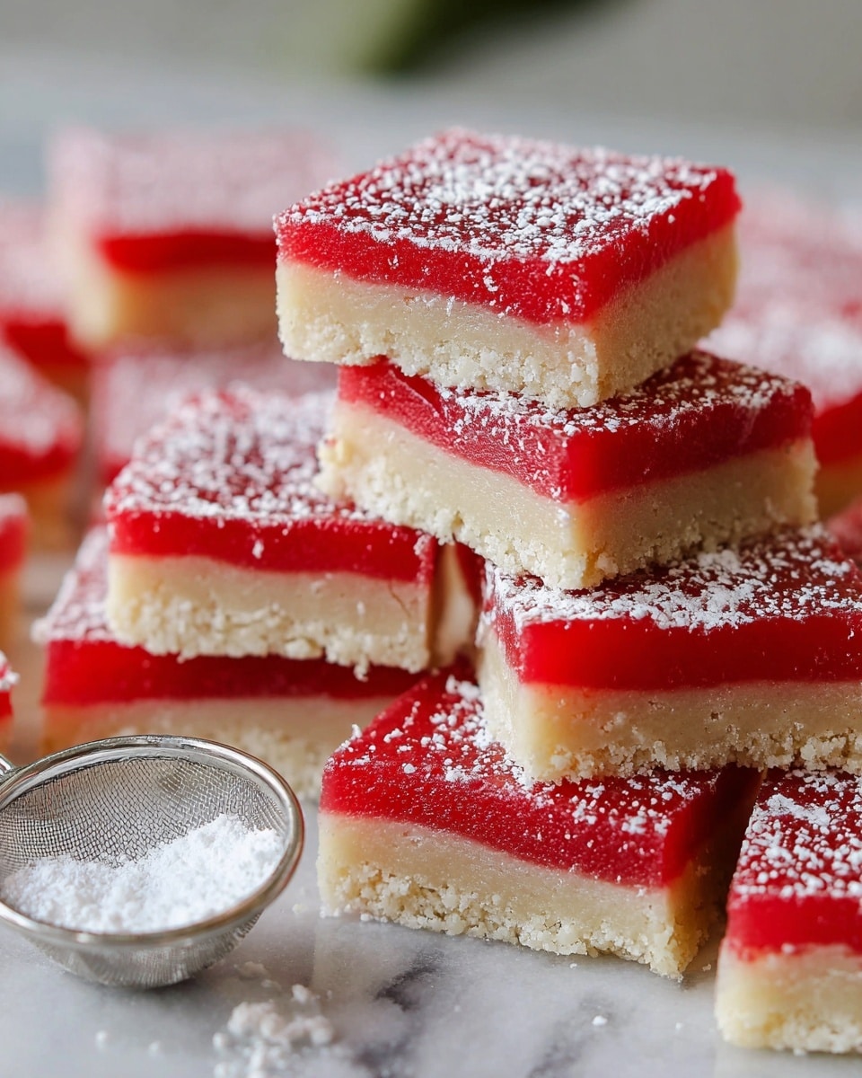 A stack of square two-layer dessert bars is shown, each piece with a bottom layer of light beige, crumbly texture, and a thick, smooth bright red top layer. The top red layer is dusted with a fine white powder, likely powdered sugar. The bars are stacked unevenly on a white marbled surface, with pieces overlapping each other. A small silver sifter filled with powdered sugar is placed in the foreground. The overall look is bright and fresh, emphasizing the contrast between the red and beige layers. Photo taken with an iphone --ar 4:5 --v 7