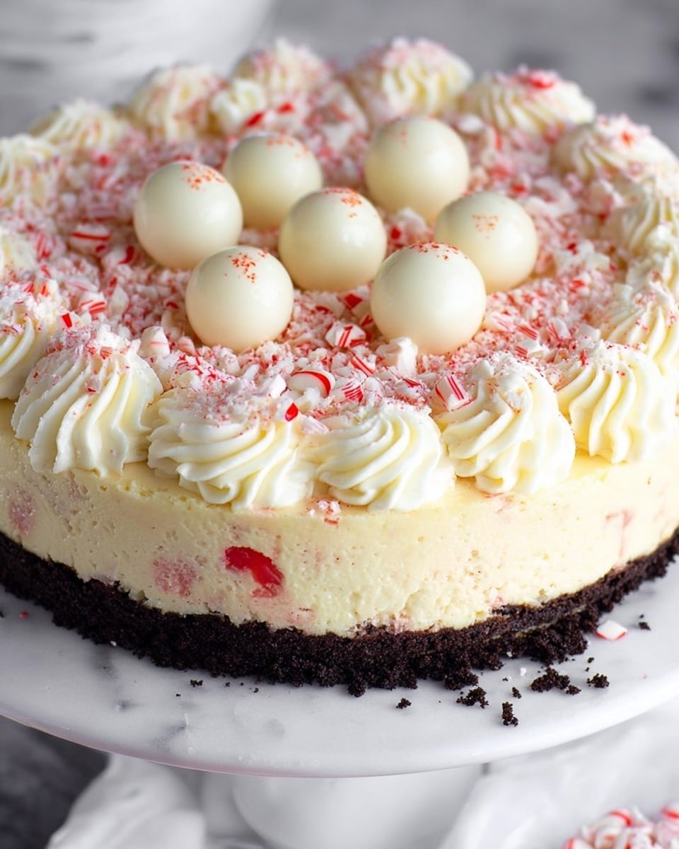The image shows a round dessert with three visible layers on a white cake stand with a white marbled surface. The bottom layer is dark, crumbly, and thick, resembling a chocolate cookie crust. The middle layer is creamy and pale yellow, with a smooth texture and a hint of red swirls near the base. The top layer is a thick, fluffy white cream decorated with evenly spaced swirls all around the edge, sprinkled with crushed red and white peppermint pieces. In the center, there are six smooth, round white chocolate balls with tiny red specks. Photo taken with an iphone --ar 4:5 --v 7