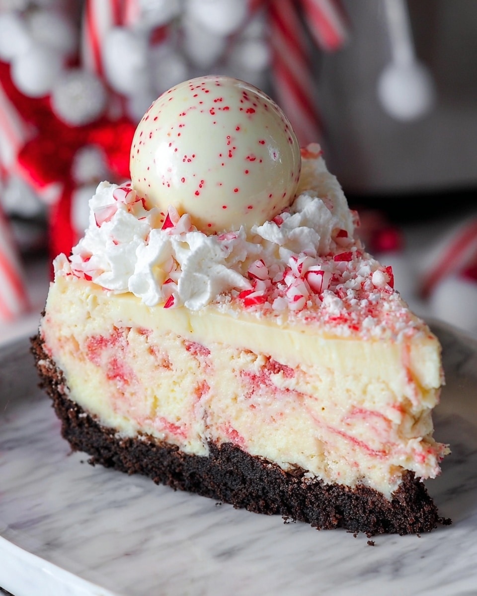 A slice of creamy layered cake with a dark brown crumbly crust at the bottom, topped with a thick middle layer of light cream mixed with red swirls, and a thick top layer of fluffy white cream mixed with small red candy pieces; on top sits a shiny white chocolate ball decorated with small red specks. The background shows a white marbled texture with candy canes and festive decorations. photo taken with an iphone --ar 4:5 --v 7