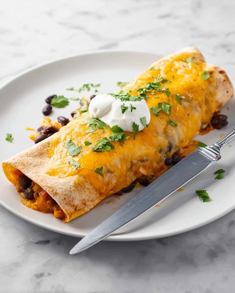 A rolled enchilada covered in melted orange-yellow cheese with a sprinkle of chopped green cilantro on top, resting on a white plate. The enchilada has a soft, light brown tortilla that wraps layers of beans and orange-colored filling visible at the edges. Black beans and bits of cilantro are scattered on the plate around the enchilada, and a dollop of white sour cream sits neatly on top. A silver knife is placed beside the enchilada on the plate, which is on a white marbled surface. photo taken with an iphone --ar 4:5 --v 7