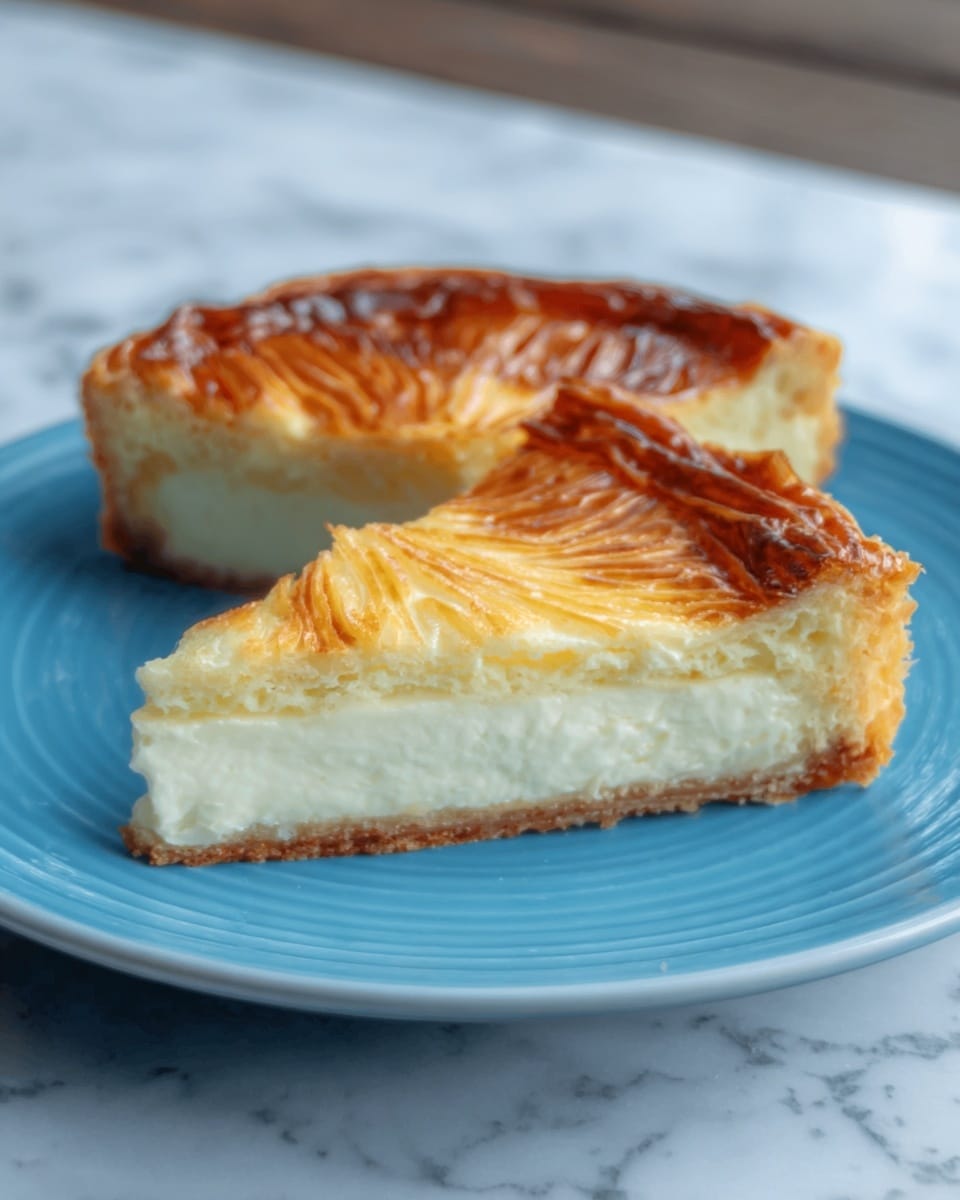 A round cheesecake with a golden brown, slightly shiny top layer that looks smooth and baked, resting on a white plate. The cake is about three layers thick; the top layer is the golden crust, the middle and bottom layers are creamy white and fluffy cheese filling. A slice is cut out, revealing the soft, creamy inside with a light crumbly crust at the very bottom. Several fresh, red raspberries sit in the center on top, adding a pop of color. The plate is placed on a white marbled surface. Photo taken with an iphone --ar 4:5 --v 7