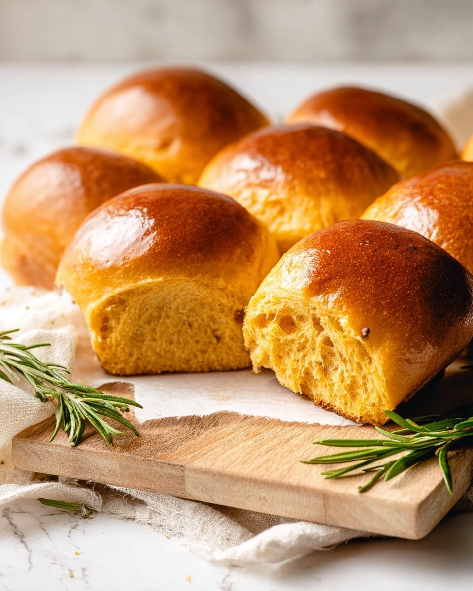 The image shows seven golden brown dinner rolls with a smooth, shiny top crust arranged closely on a wooden cutting board. One roll is slightly pulled apart, revealing a soft, fluffy, light brown inside texture. The rolls are placed on a piece of parchment paper that slightly wraps a few rolls. Fresh green rosemary sprigs lie on a light cream-colored cloth next to the cutting board. The scene rests on a white marbled texture surface with soft, natural lighting illuminating the bread's glossy tops. photo taken with an iphone --ar 4:5 --v 7
