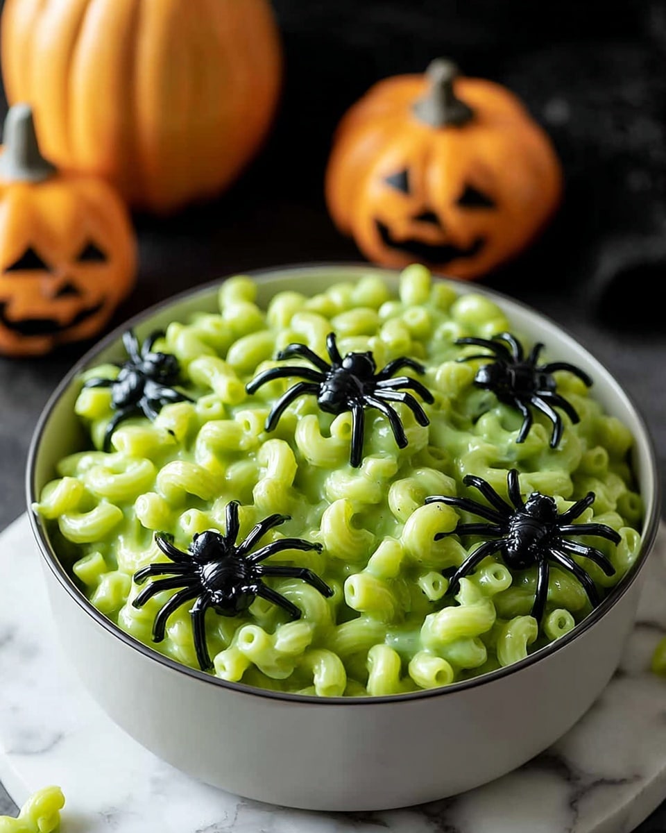 A bowl filled with green-colored macaroni pasta covered in a smooth, creamy sauce, and six black plastic spiders placed evenly on top to create a Halloween theme. The pasta shapes are small curved tubes, coated in the bright green sauce with a glossy texture. The bowl is white, round, and deep, sitting on a white marbled surface with Halloween decorations like a small pumpkin and a jack-o'-lantern in the background. Photo taken with an iphone --ar 4:5 --v 7