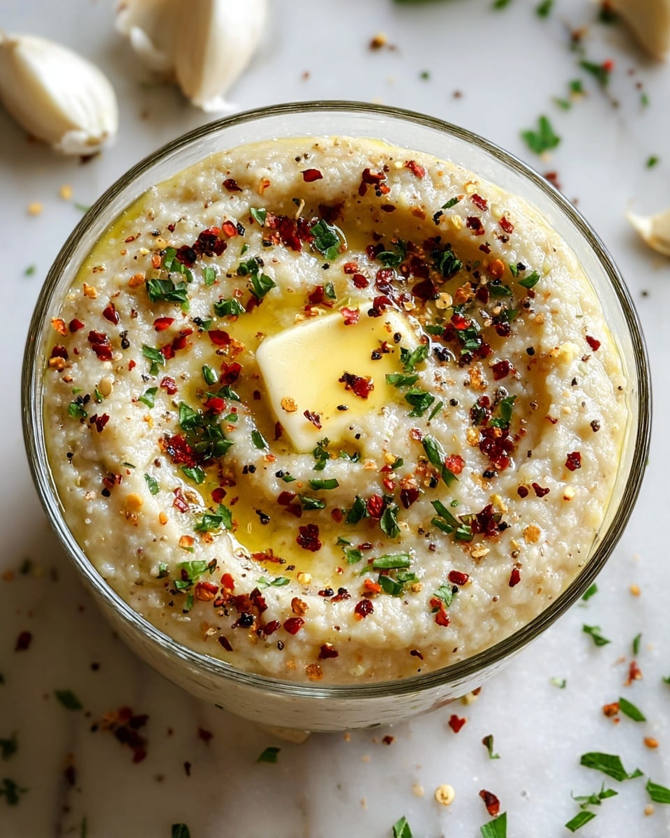 A round clear glass bowl filled with a creamy, light beige dish that has a slightly lumpy texture. The dish is topped with small, uneven pieces of melting butter in the center. There are scattered black pepper bits and red chili flakes, along with finely chopped green herbs evenly spread over the top. The surface beneath the bowl is white with a marbled texture. Pieces of garlic and herb leaves are scattered around the bowl for decoration. Photo taken with an iphone --ar 4:5 --v 7