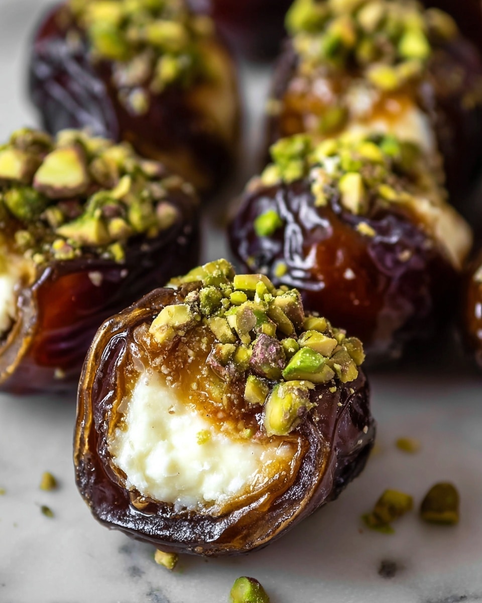 The image shows close-up stuffed dates, each with three visible layers: the outer layer is dark brown, shiny, and wrinkled, showing the sticky texture of the date skin; the middle layer inside the date is a bright white creamy cheese filling, smooth and soft; the top layer inside the date is a mix of green pistachio pieces and small dark golden translucent bits, sprinkled with more chopped pistachios on the surface. The dates are arranged close together on a white marbled background, with some pistachio crumbs around. The photo taken with an iphone --ar 4:5 --v 7