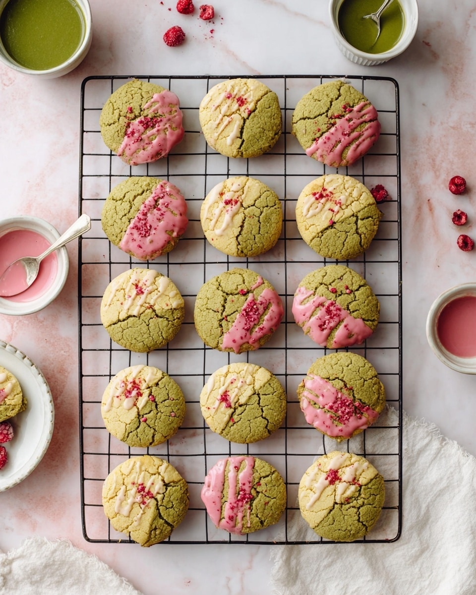 The image shows a black cooling rack with fifteen round cookies arranged in three rows of five on a white marbled surface. Each cookie has two colors divided roughly in half: a light yellowish side and a greenish side with a cracked texture. On top, there is a pink glaze drizzled over one half of most cookies, some with small crushed red berry pieces sprinkled on them, while a few cookies also have a streak of green glaze. Around the rack are small red berries and two white bowls, one filled with green sauce and the other with pink icing and a spoon inside. There is a white towel placed at the bottom right corner and a white plate with one cookie and some red berries at the bottom left. Photo taken with an iphone --ar 4:5 --v 7