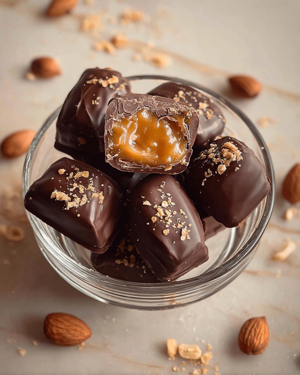 A clear round glass bowl filled with several bite-sized rectangular chocolates coated in smooth dark brown chocolate, some sprinkled with small light brown crumbs on top; one chocolate is cut in half and placed on top, showing a glossy, wrinkled golden caramel center inside a dark chocolate shell. The bowl sits on a white marbled texture with scattered light brown nut pieces around it. photo taken with an iphone --ar 4:5 --v 7