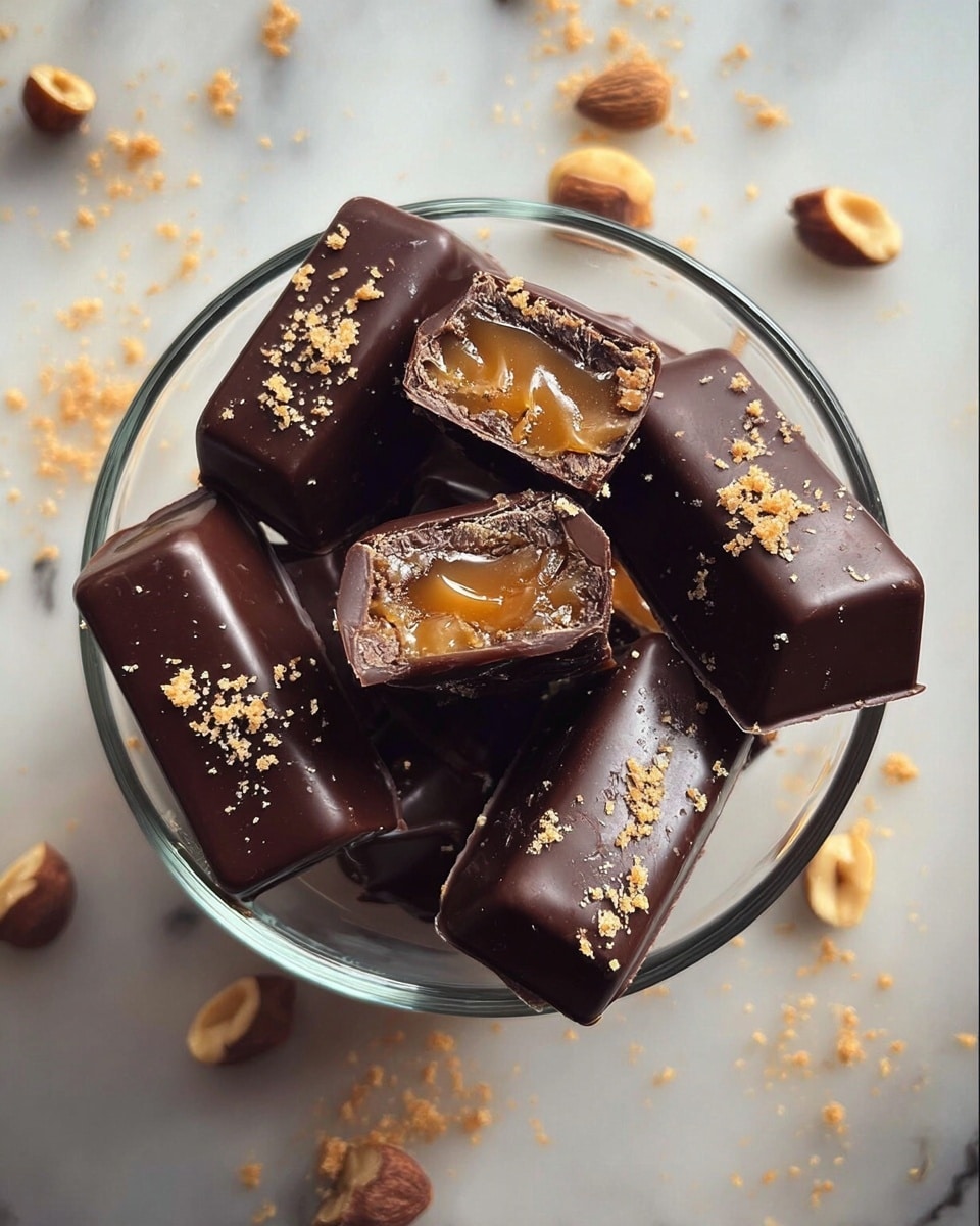 A clear glass bowl filled with rectangular dark chocolate pieces, some sprinkled with light brown crumbs on top. Two chocolates are cut open, showing a shiny golden caramel layer inside, smooth and glossy in texture. The bowl is placed on a white marbled surface, with scattered light brown nuts and crumbs around it. photo taken with an iphone --ar 4:5 --v 7