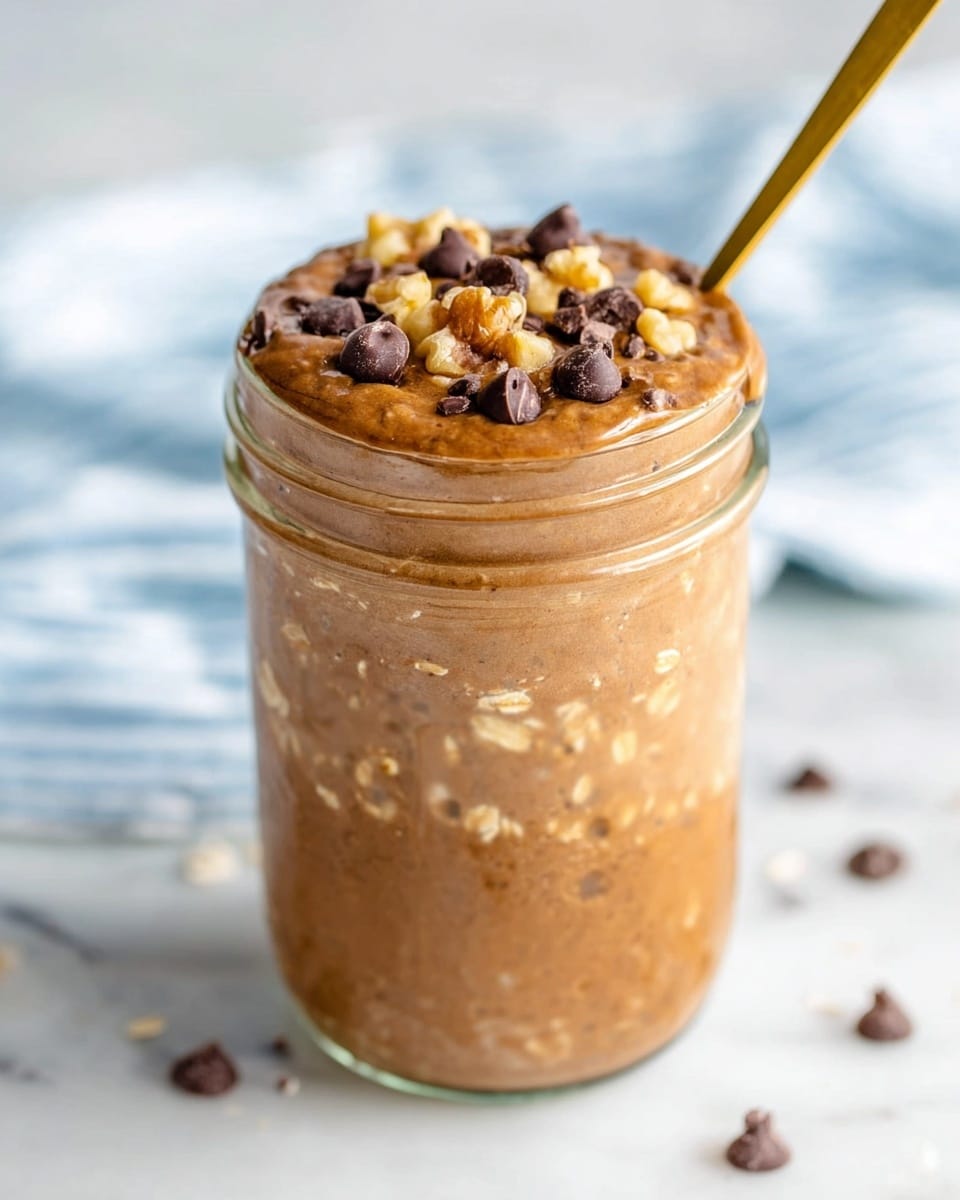 A clear glass mason jar filled with three visible layers of a thick, smooth chocolate oatmeal mixture that has a light brown color and slightly textured appearance with oats visible in the base layer. The top layer is garnished with dark brown chocolate chips and pieces of light tan walnut, adding a crunchy contrast. The jar sits on a white marbled surface with a blurred light background showing soft blue and white stripes. A gold spoon is inside the jar, partially visible. photo taken with an iphone --ar 4:5 --v 7