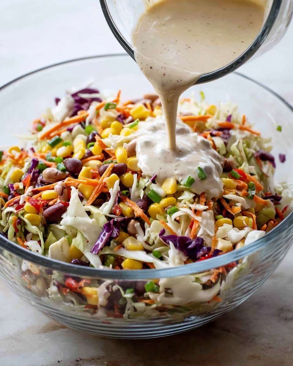 A clear glass bowl filled with a mixed salad containing shredded white and purple cabbage, orange carrot pieces, yellow corn kernels, black beans, chopped green onions, and small bits of red bell pepper. A creamy light beige dressing is being poured from a clear cup onto the colorful salad in the center of the bowl. The background shows a white marbled texture surface under the bowl. photo taken with an iphone --ar 4:5 --v 7