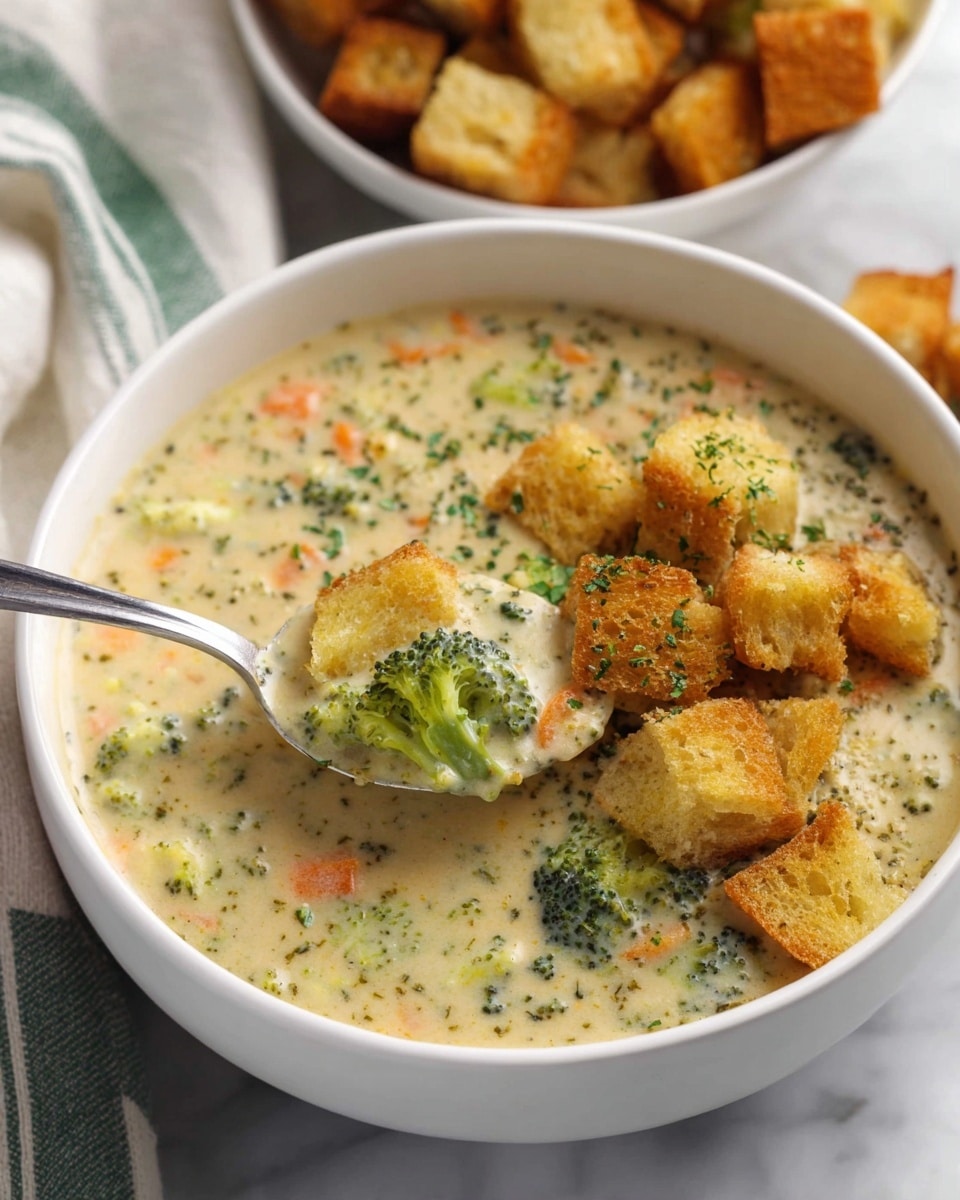 A white bowl filled with creamy broccoli soup showing two main layers: the base layer is thick cream-colored soup with visible small pieces of bright green broccoli and orange carrot bits mixed throughout, giving a chunky texture; the top layer features a generous pile of golden brown, crispy croutons sprinkled with fresh green chopped herbs, mostly on one side. A silver spoon is holding a scoop of the creamy soup with broccoli pieces, positioned inside the bowl near the croutons. In the background, there is a white bowl also filled with croutons sitting on a white marbled surface along with a white and green cloth. photo taken with an iphone --ar 4:5 --v 7