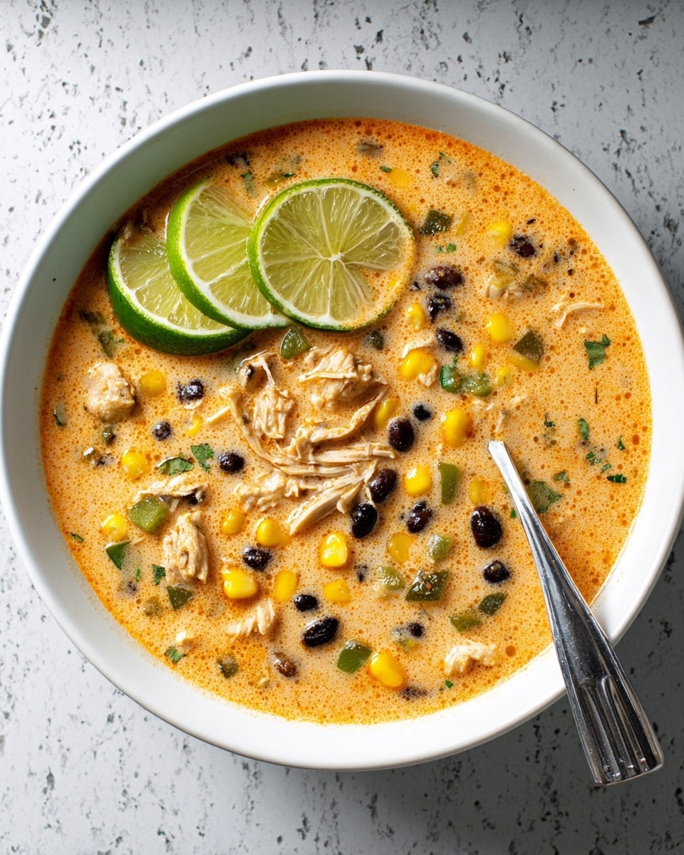 A white bowl filled with creamy orange soup that has shredded chicken, black beans, green chopped peppers, and yellow corn pieces scattered evenly throughout. Two bright green lime wedges rest on top near the center. A silver spoon is placed in the soup on the right side. The bowl sits on a white marbled surface. photo taken with an iphone --ar 4:5 --v 7